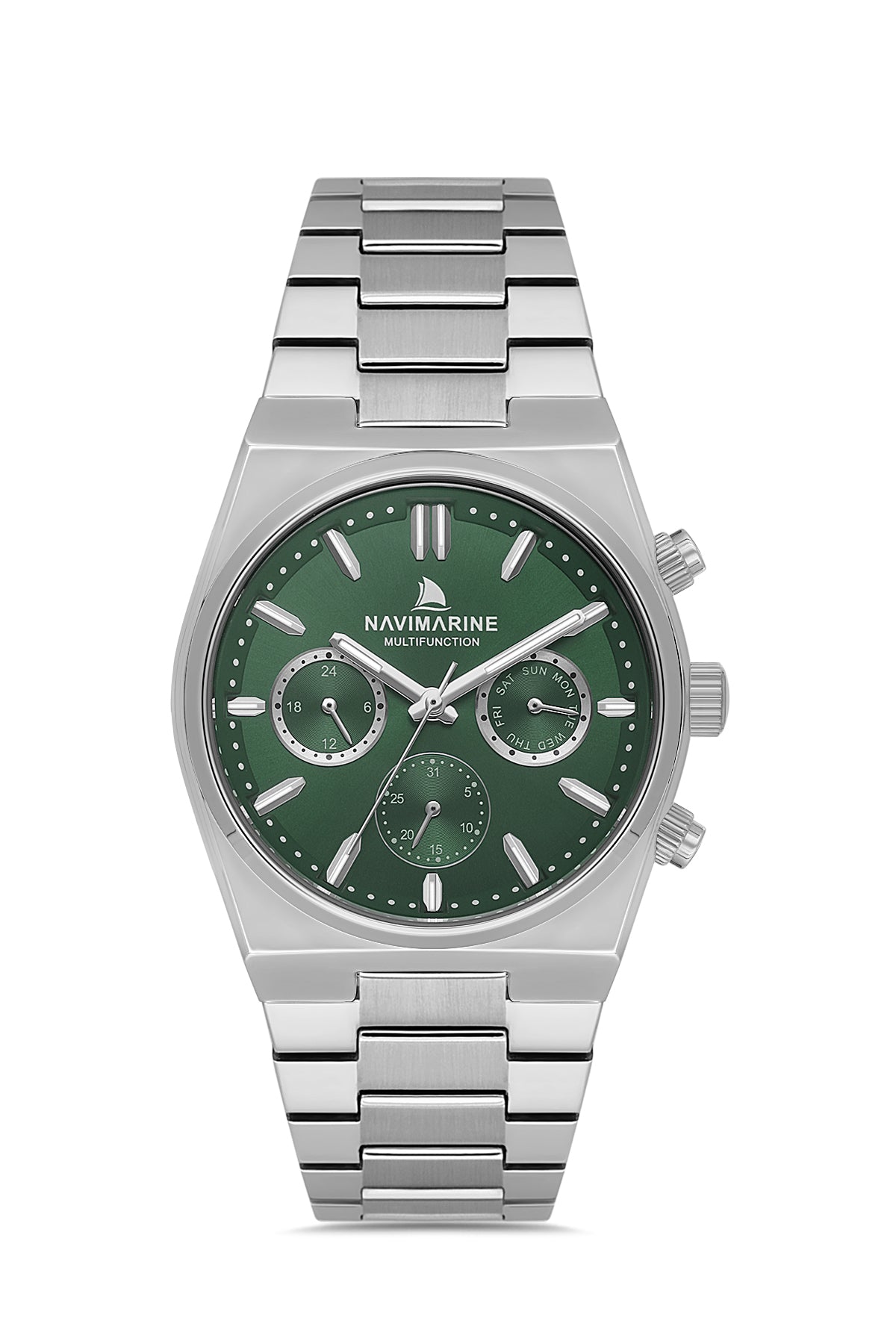 Silver watch with green dial on a white background