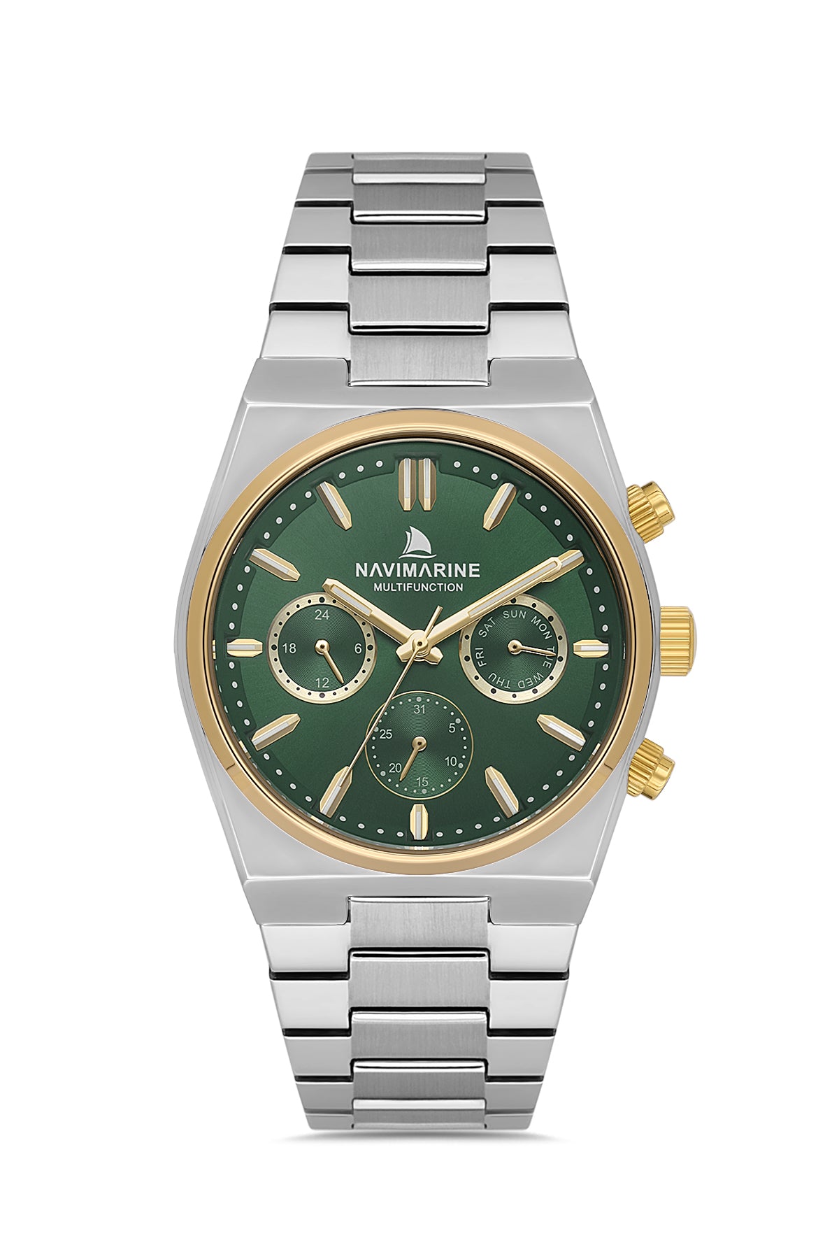Silver and gold watch with green face on a white background