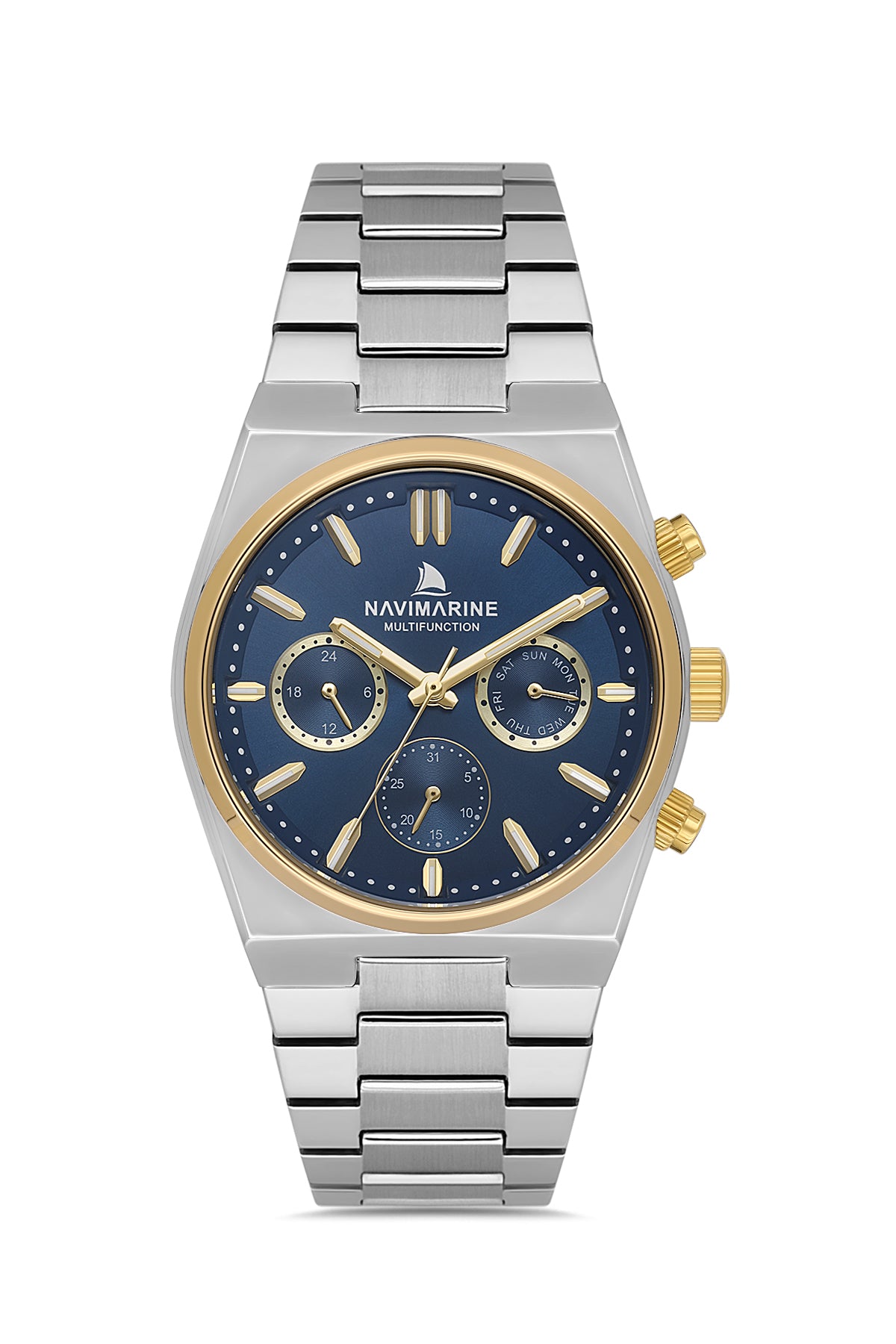 Navimagine watch with silver and gold band on a white background