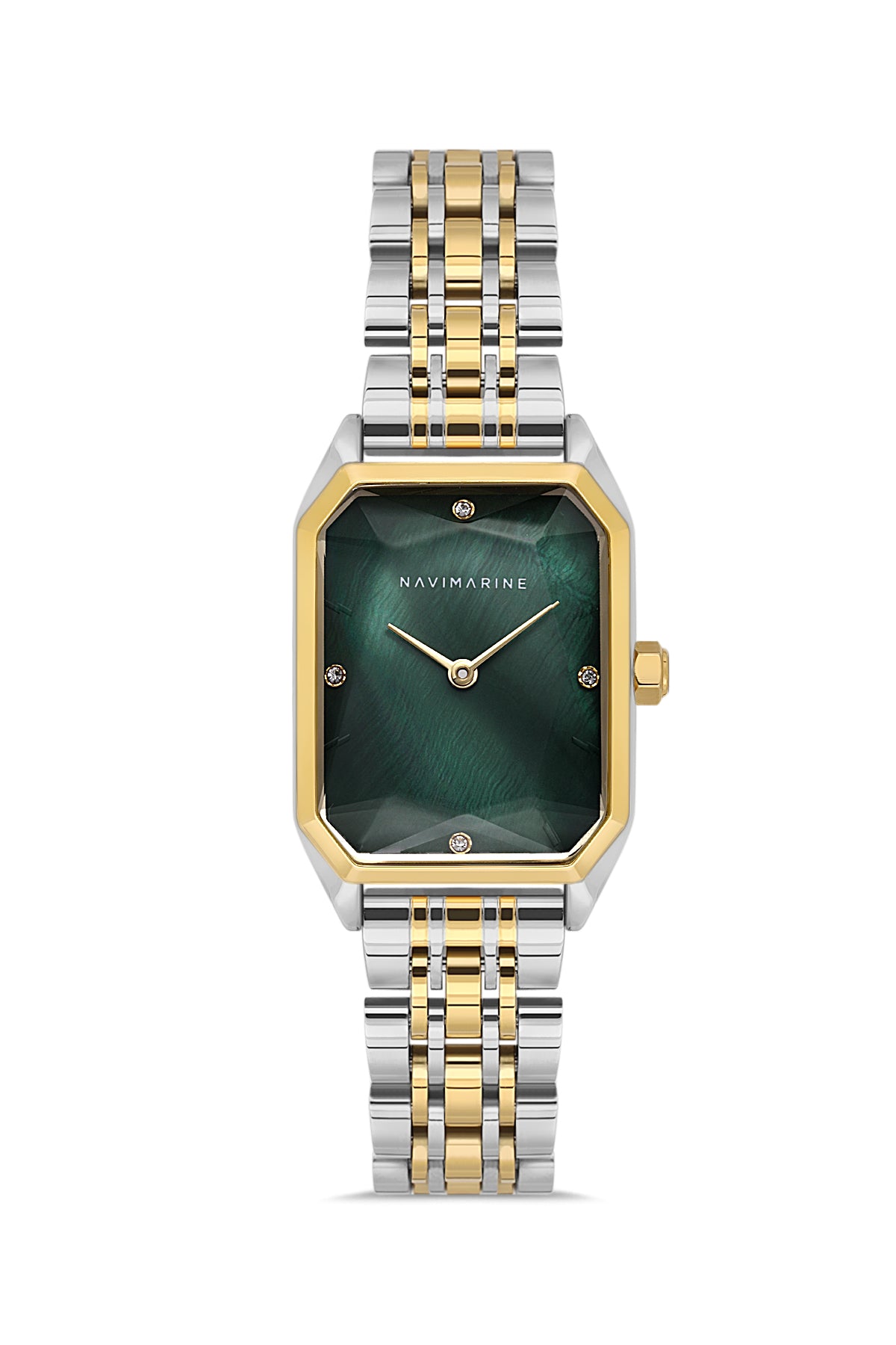 Two-tone watch with green face and gold accents on a white background
