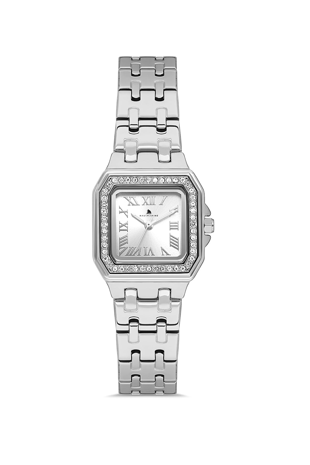 Silver watch with a rectangular face on a white background