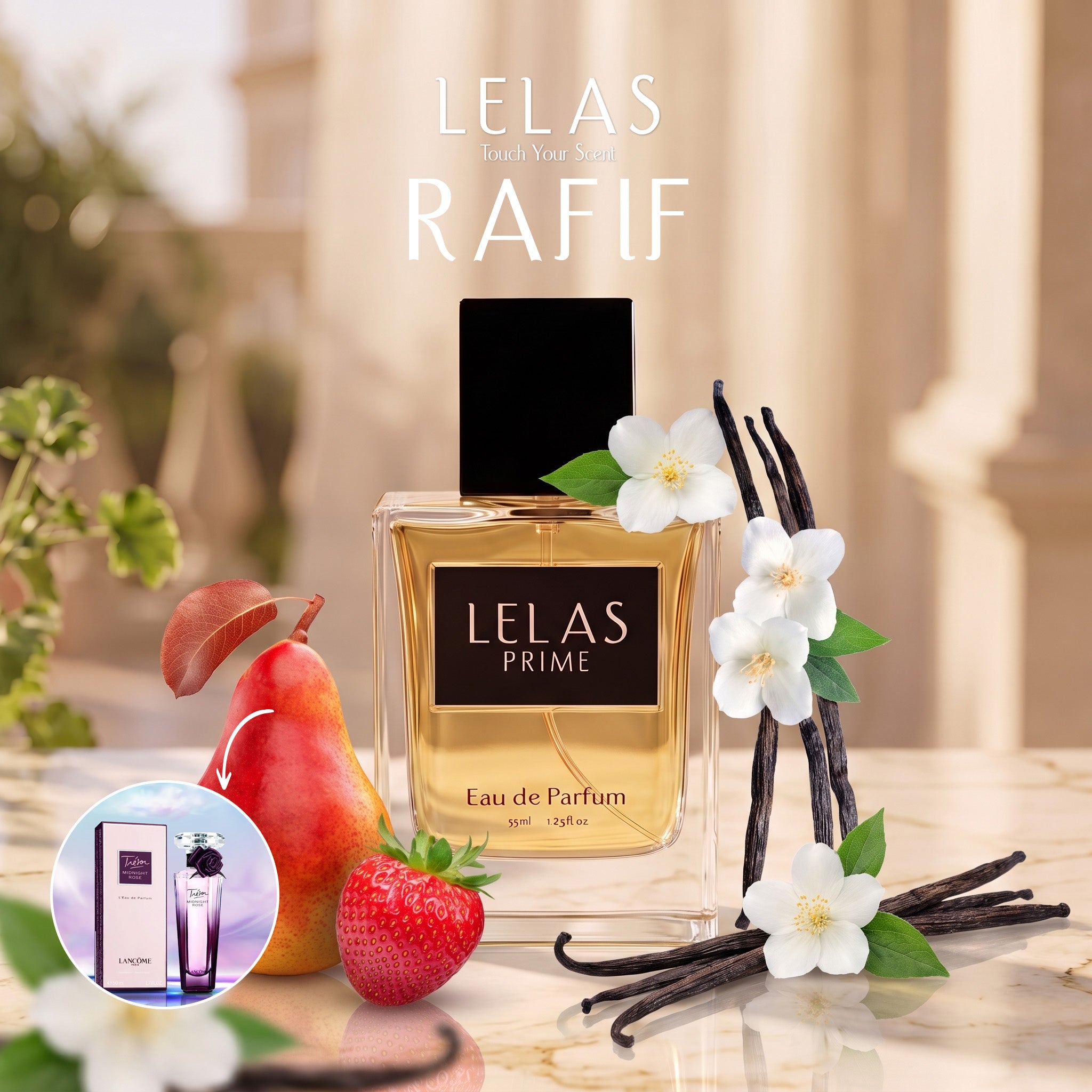 A bottle of LELAS PRIME Eau de Parfum is centered on a marble surface with fruit and flowers around it. The bottle contains golden liquid and has a black cap and black label.