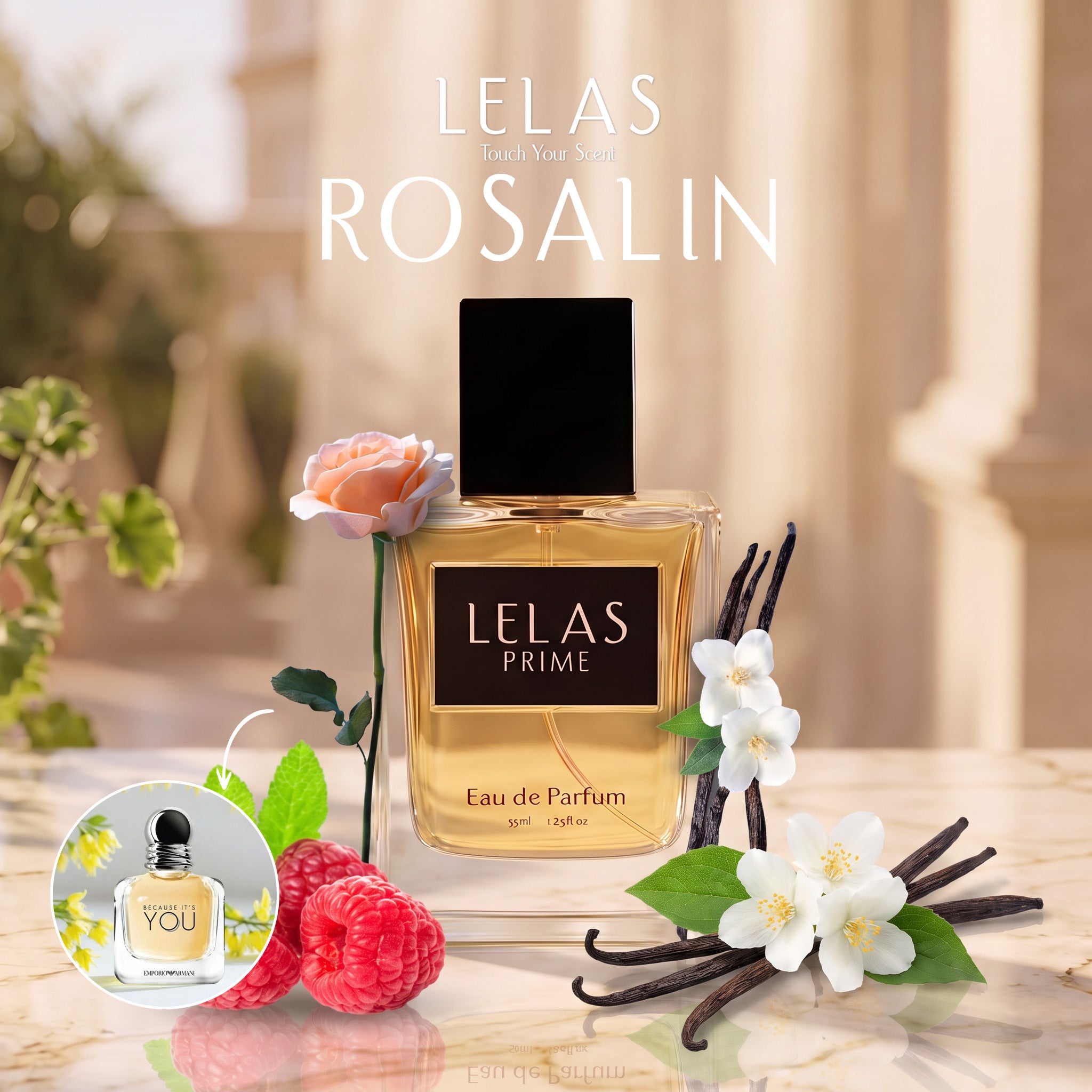 A bottle of LELAS PRIME Rosalin Eau de Parfum is displayed on a marble surface with rose petals, raspberries, white flowers, vanilla beans, and a small circular inset showing the liquid color change. The background is a warm, blurred architectural setting.