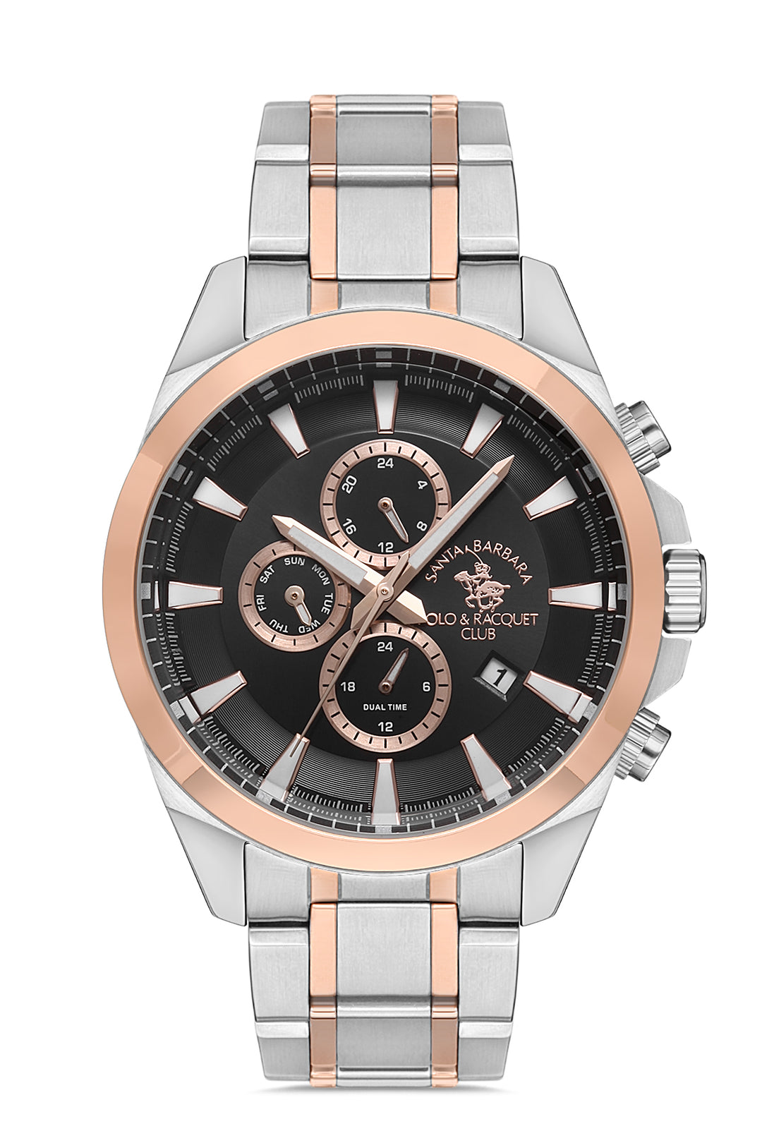 Luxury watch with black dial and rose gold accents on a white background