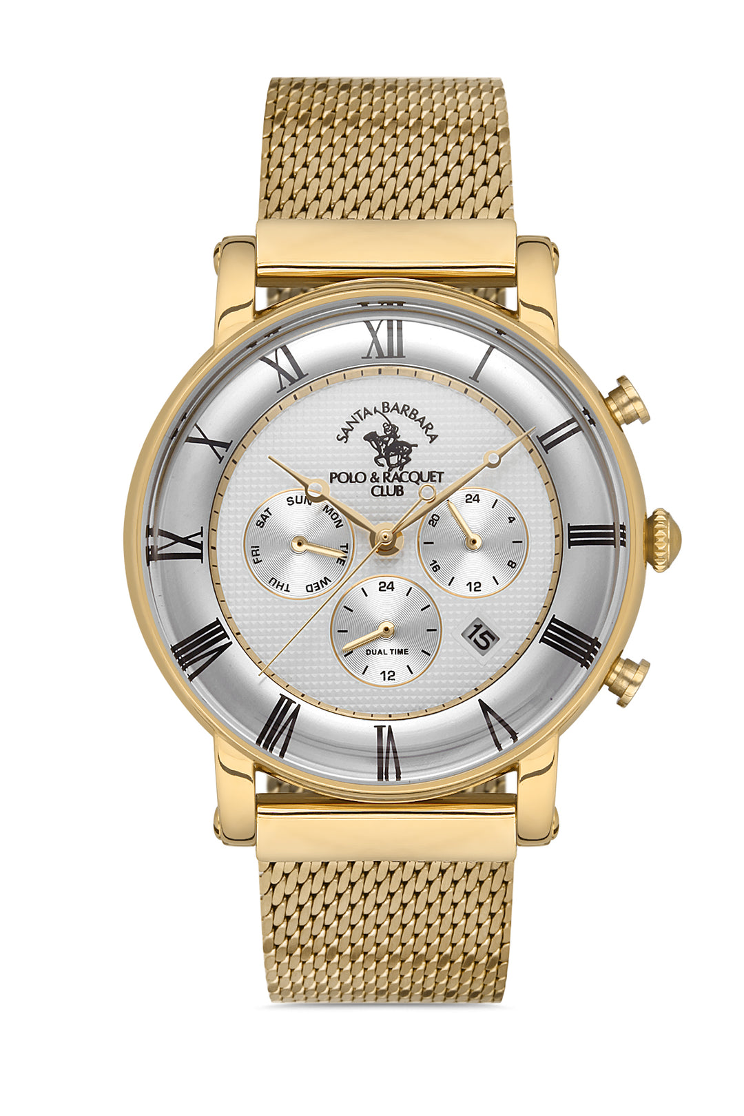 Gold watch with a silver face on a white background
