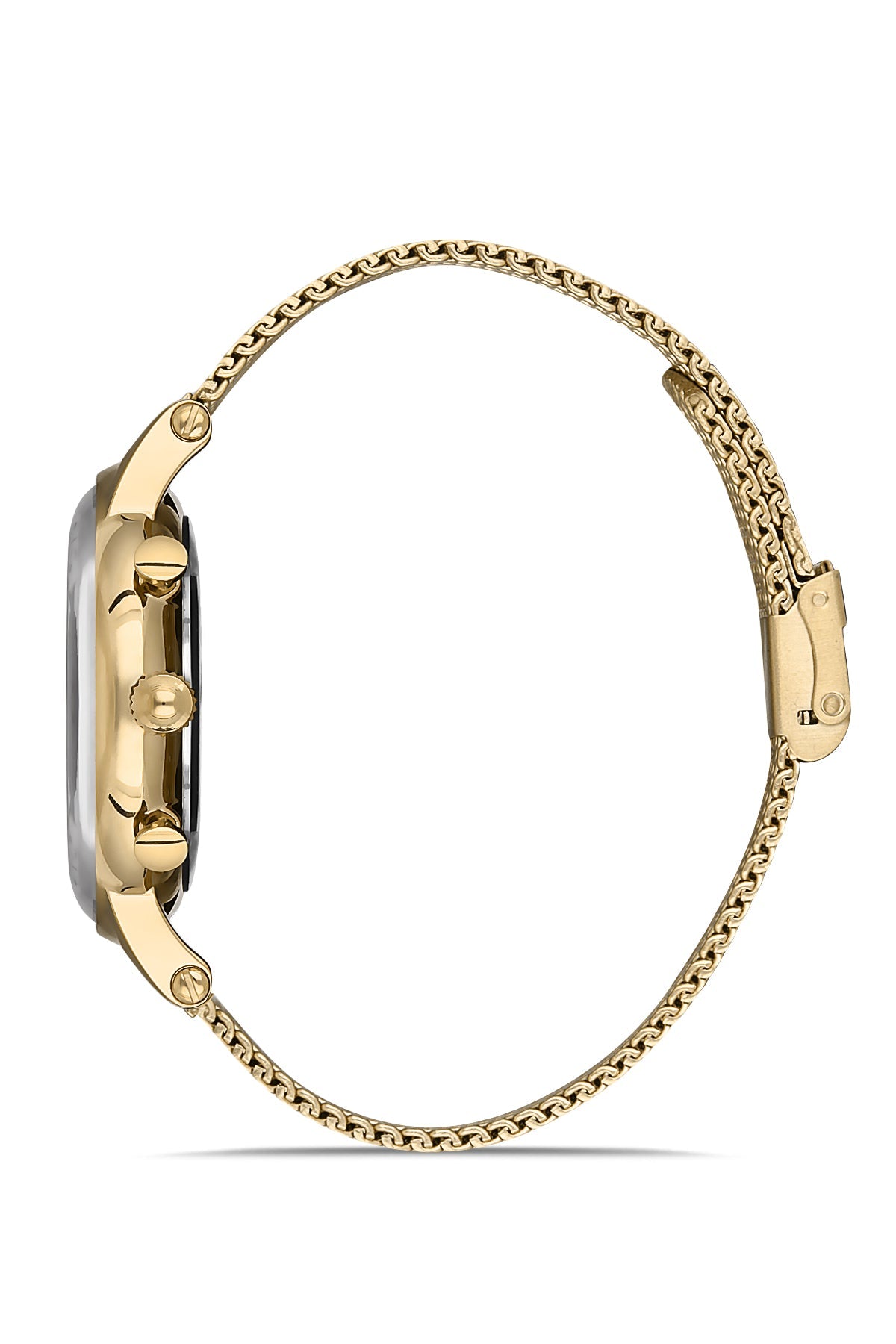 Gold watch with chain strap on a white background
