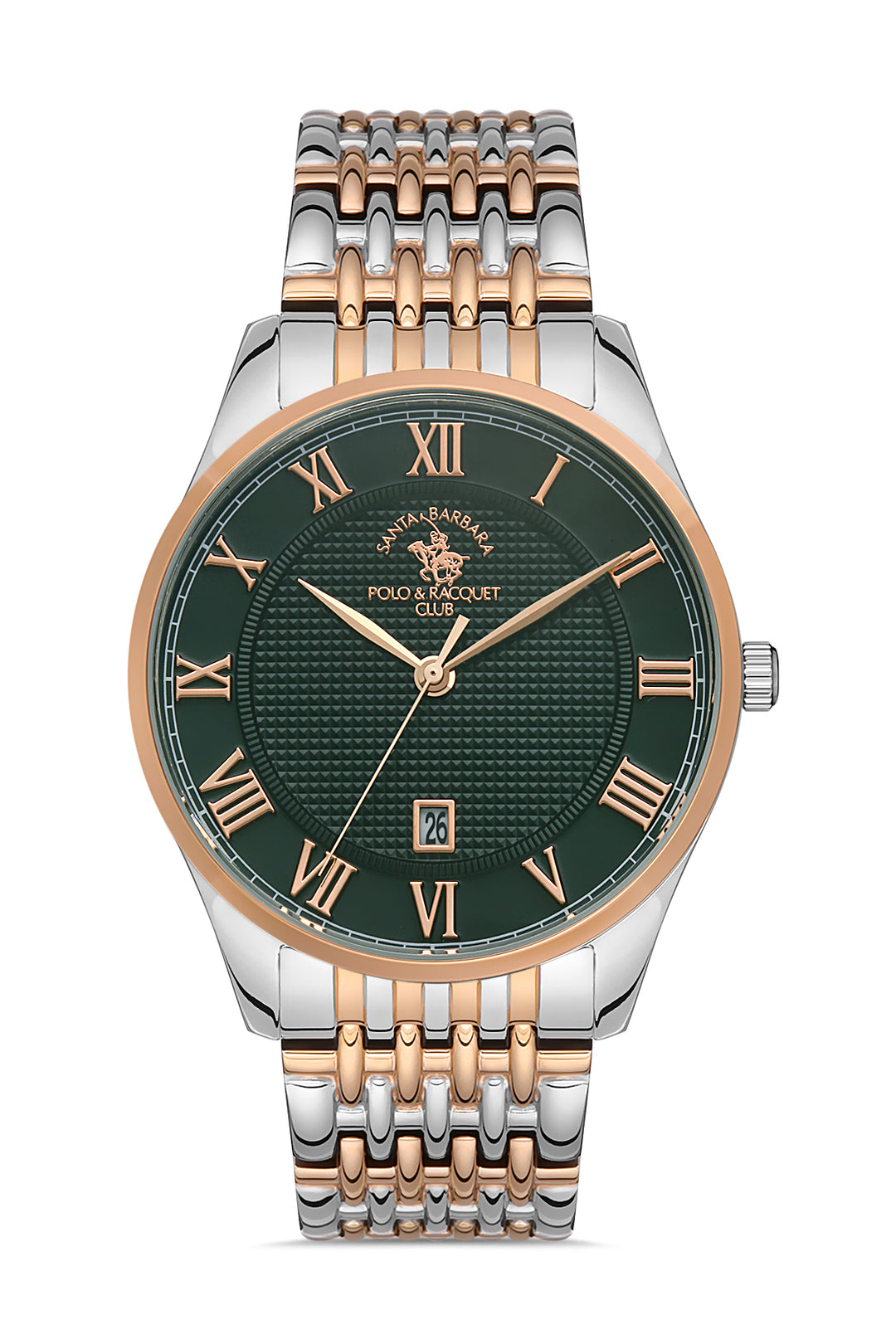 Two-tone watch with green face and rose gold accents on a white background
