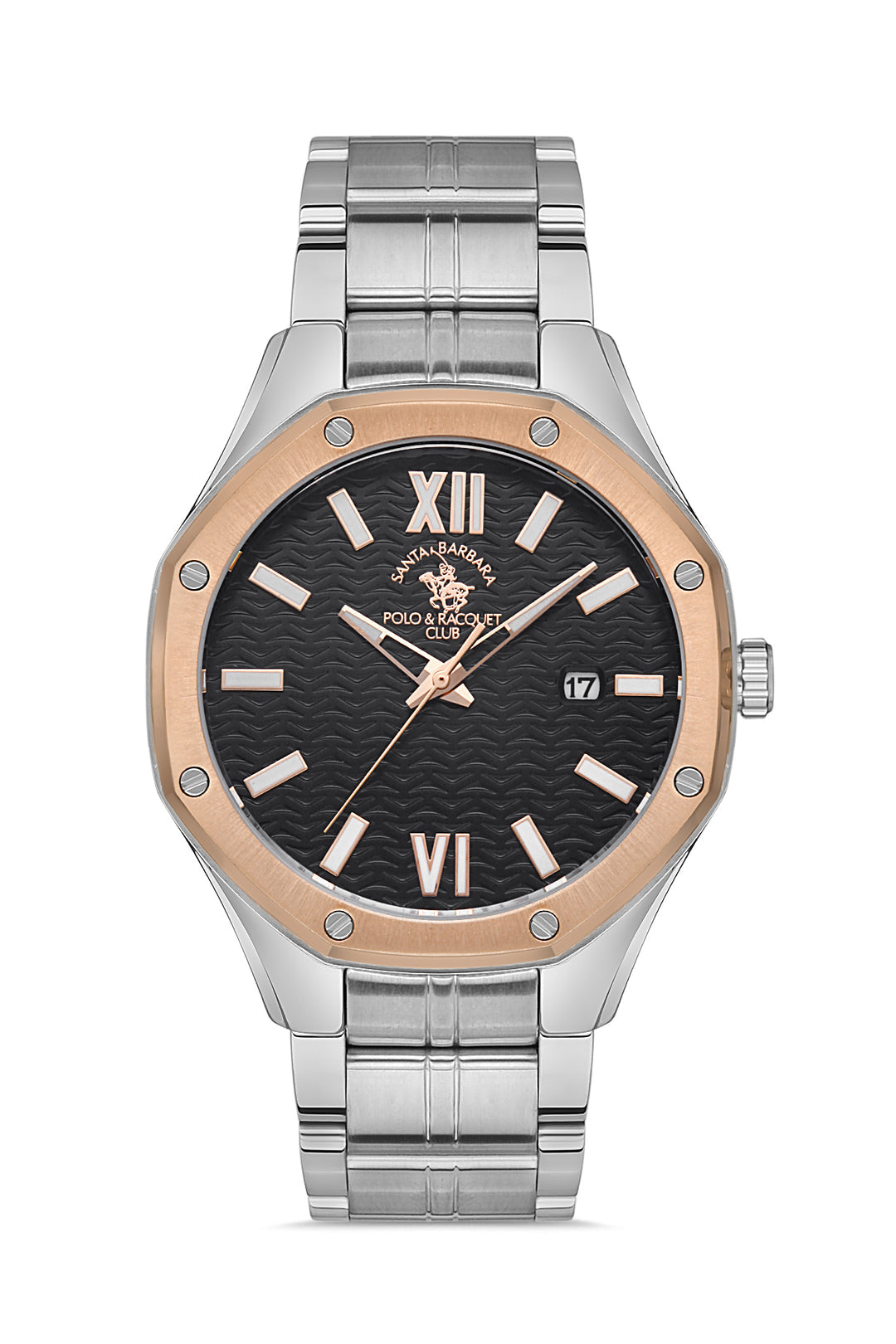 Luxury watch with black dial, rose gold accents, and silver metal bracelet on a white background