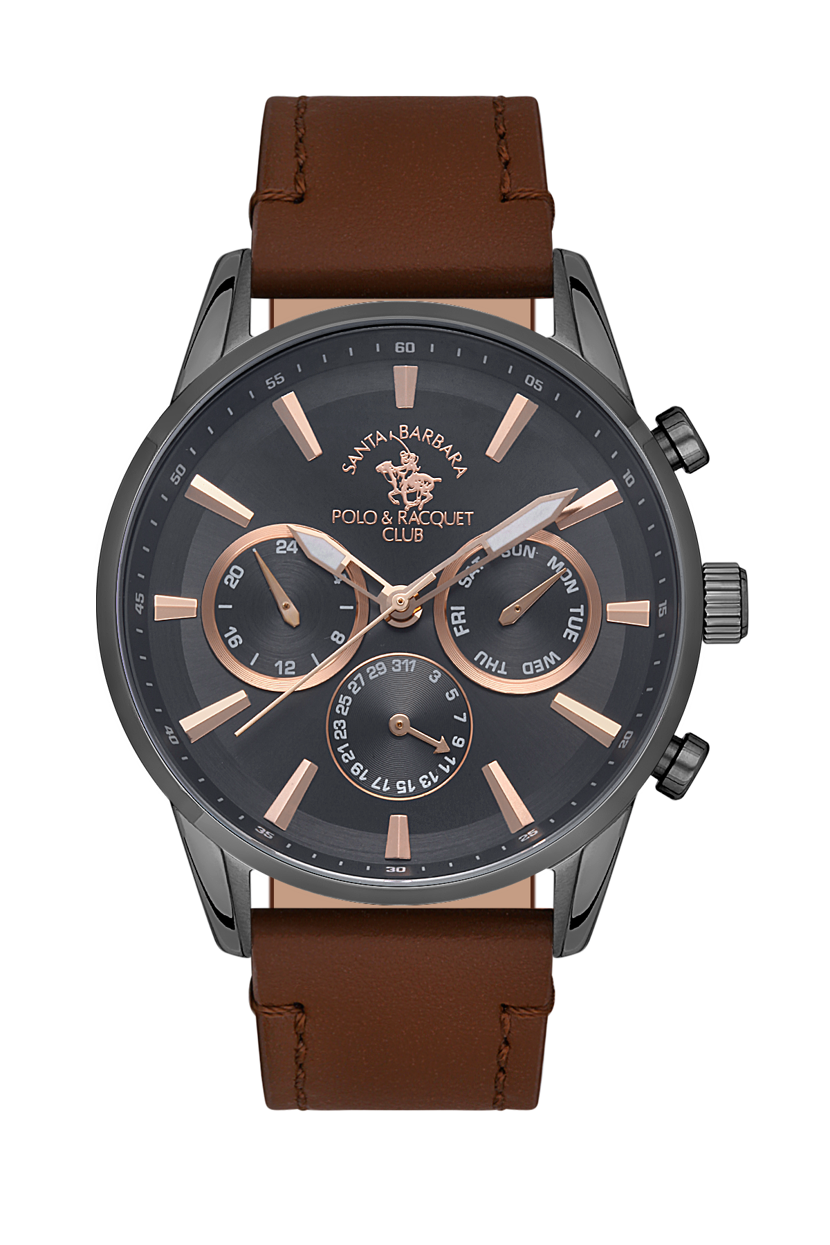 Watch with brown leather strap and black dial on a white background
