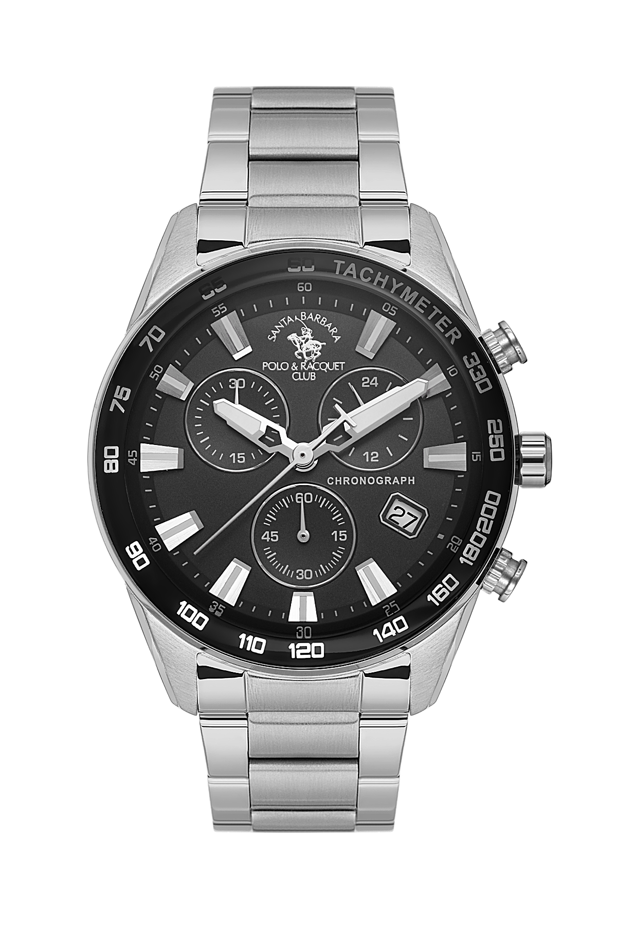 Silver wristwatch with a black dial on a white background