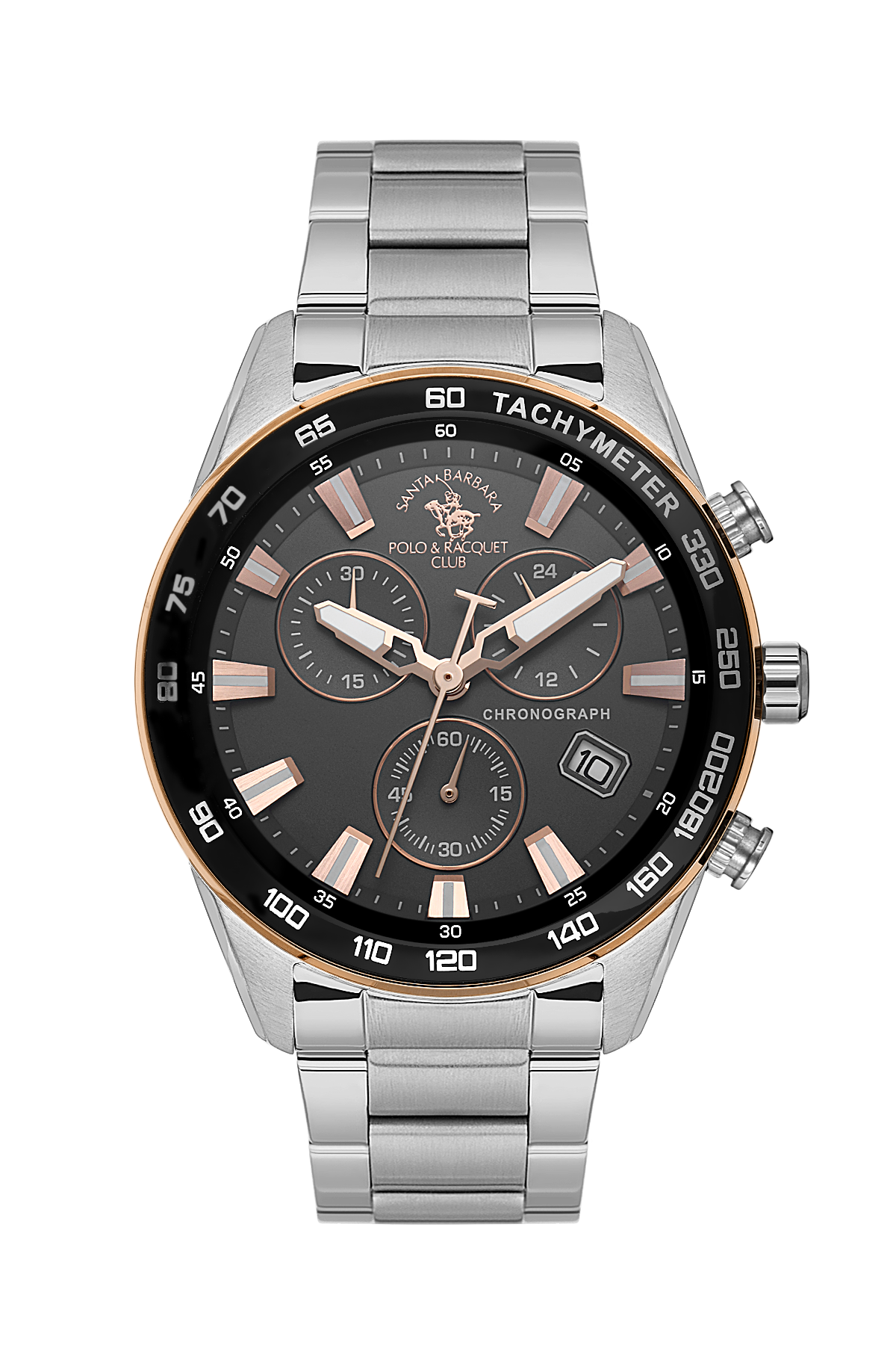 Polo Ralph Lauren watch with silver and rose gold accents on a white background