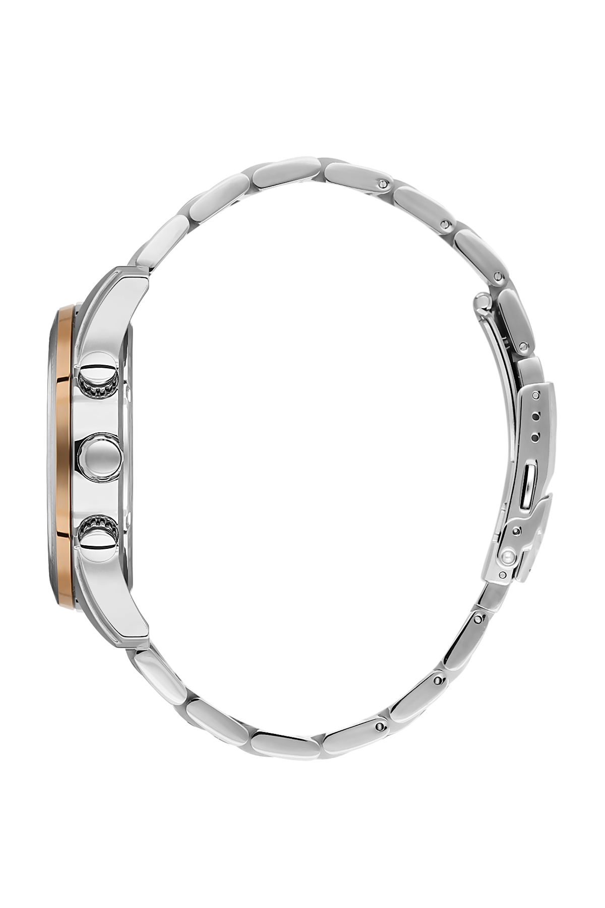 Close-up of a silver watch with a rose gold accent on a white background