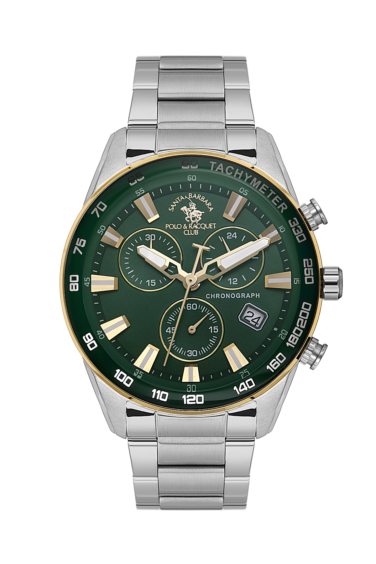 Silver watch with a green dial on a white background