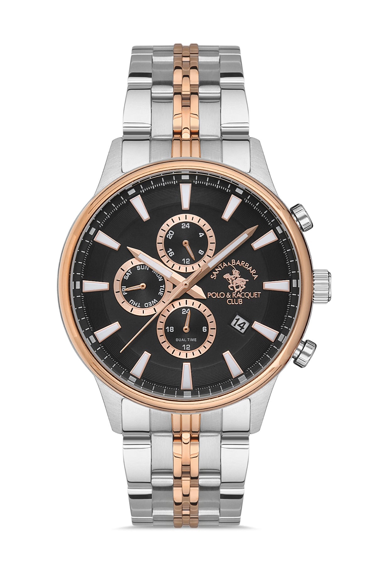 Two-tone watch with black dial on a white background