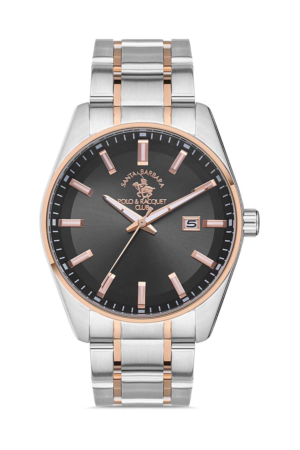 Silver and rose gold watch with black dial on a white background