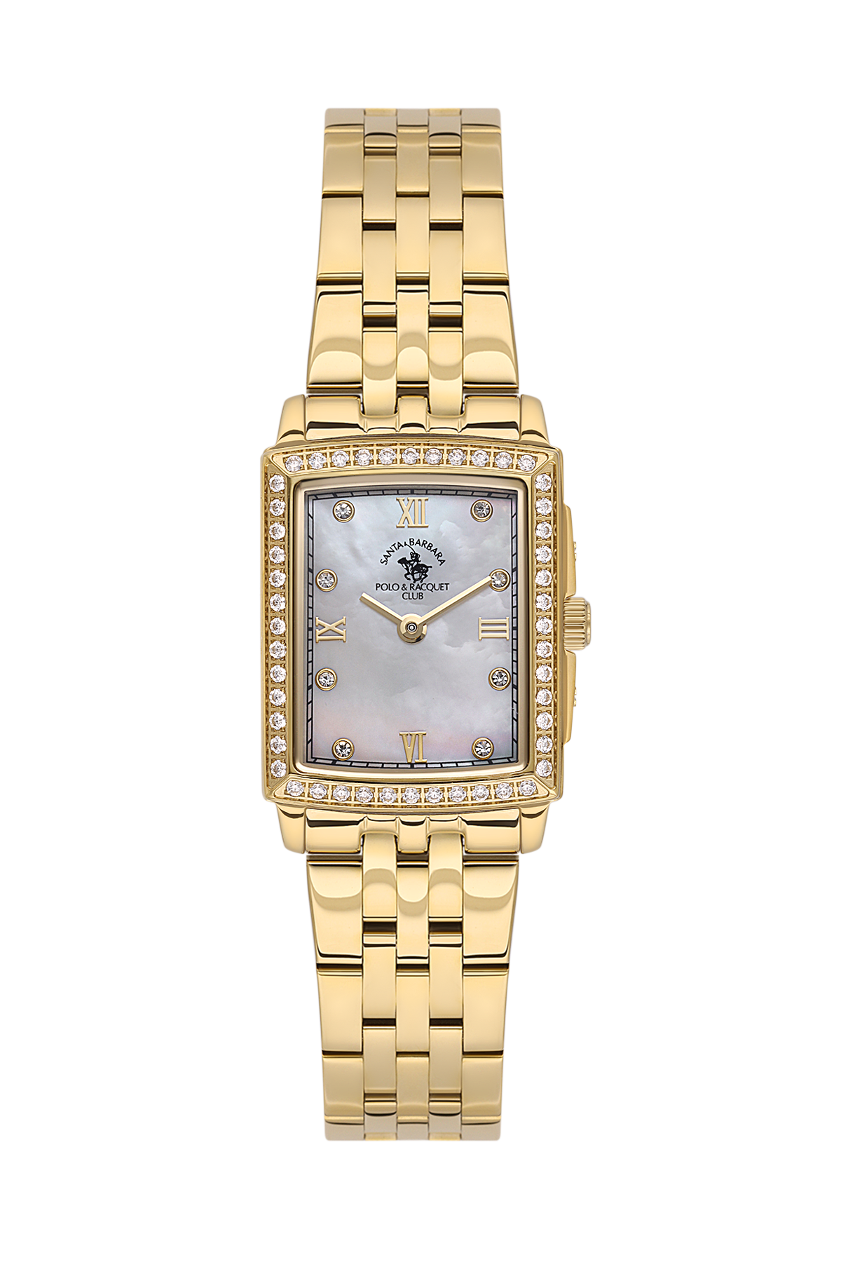Gold wristwatch with a diamond-encrusted face on a white background