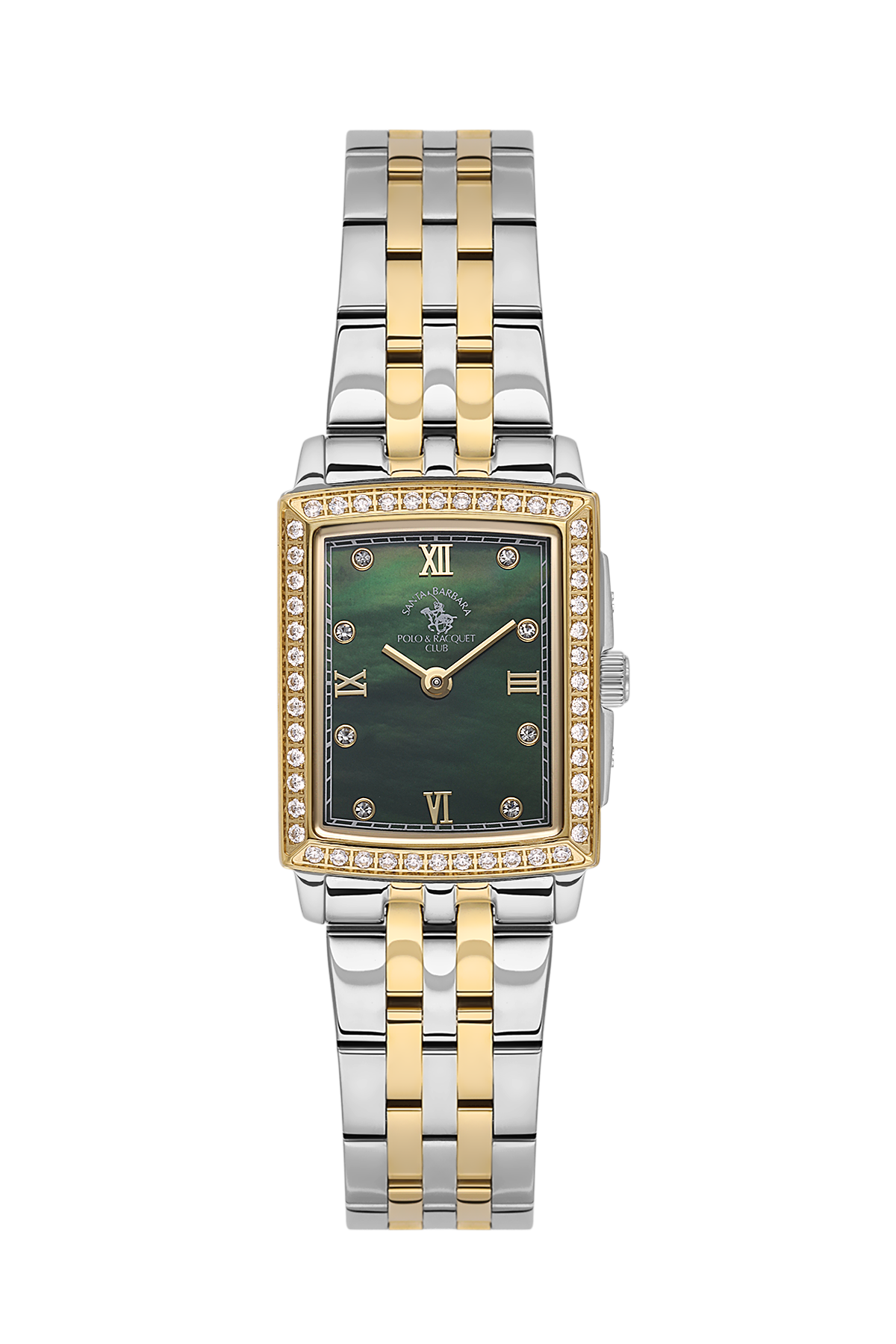 Two-tone watch with a green face on a white background