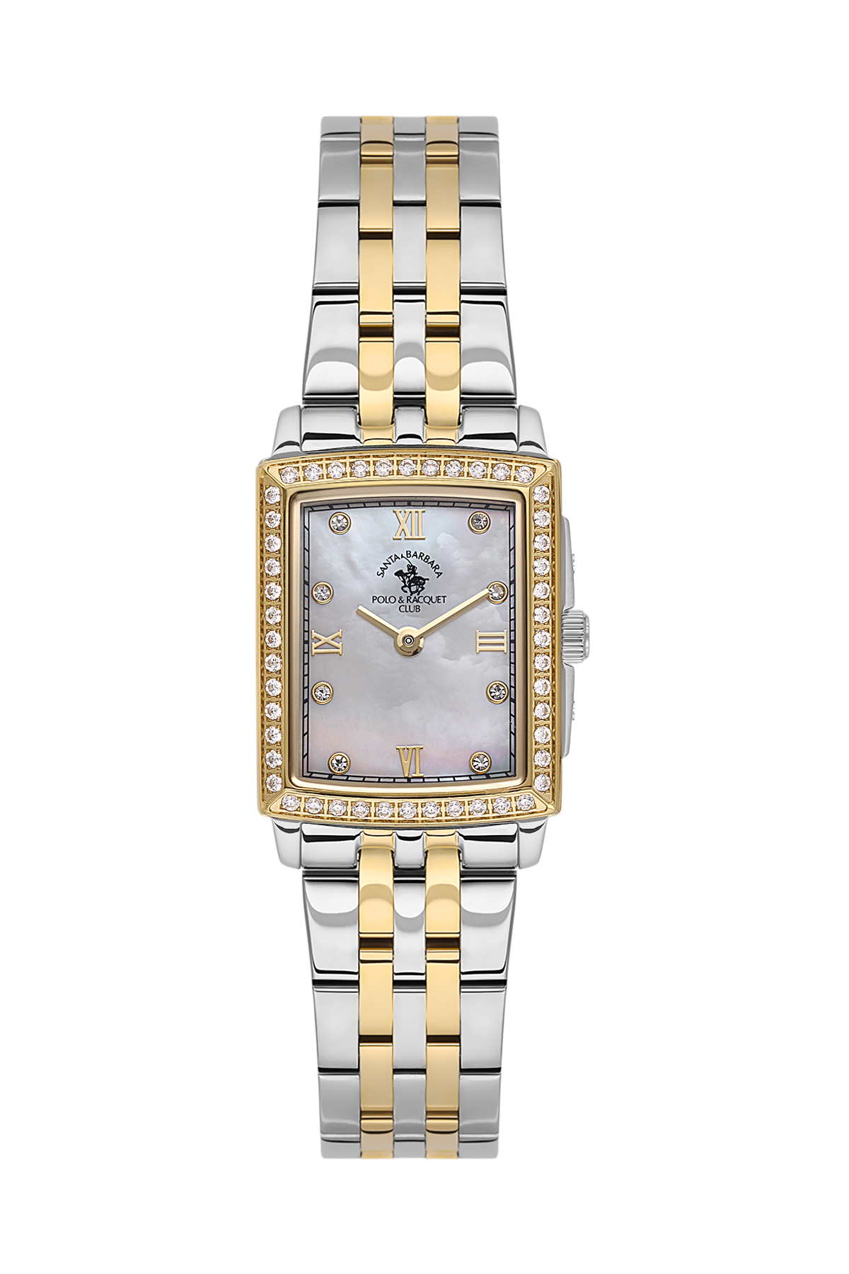Two-tone watch with a gold and silver band on a white background