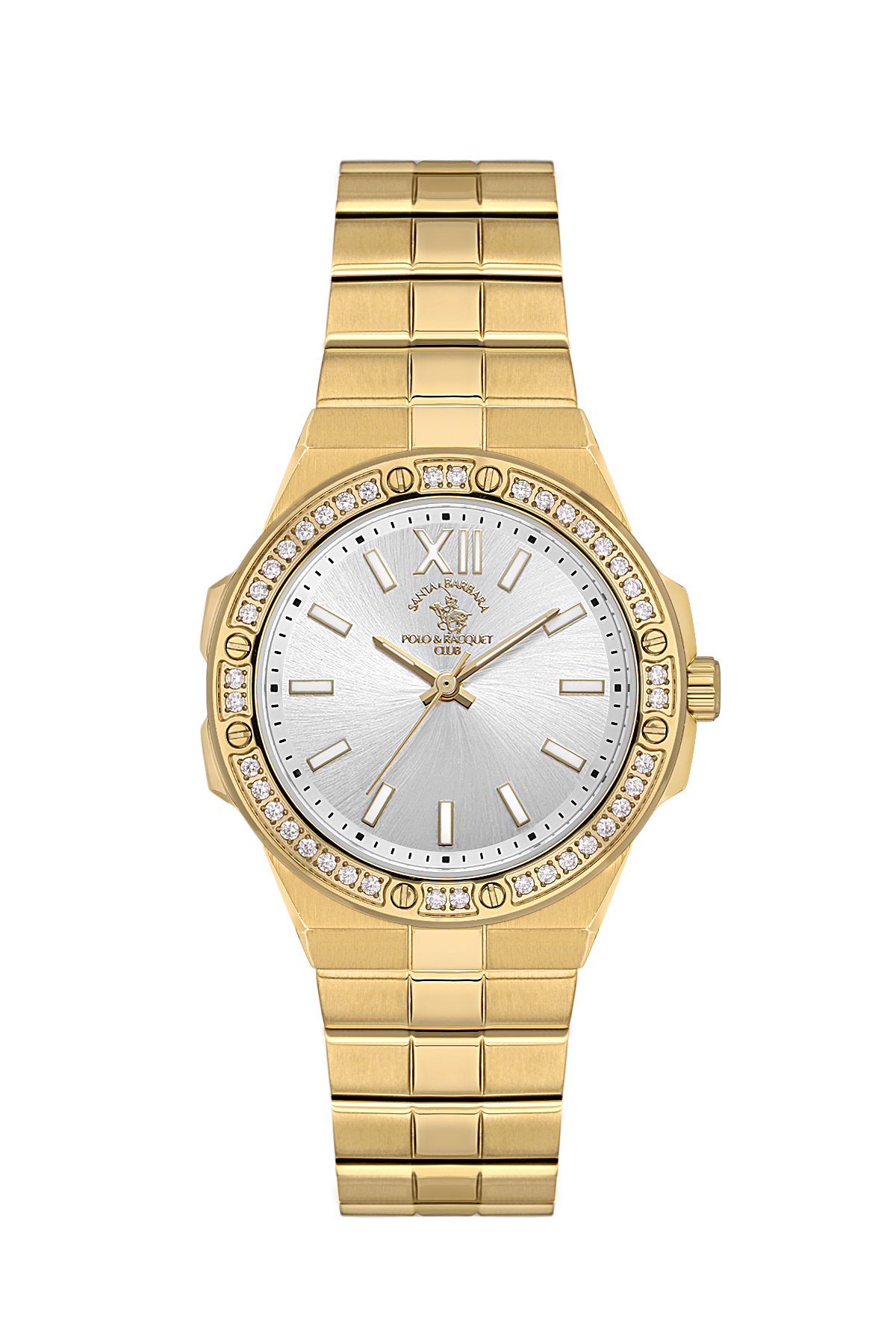 Gold wristwatch with a diamond-studded face on a white background