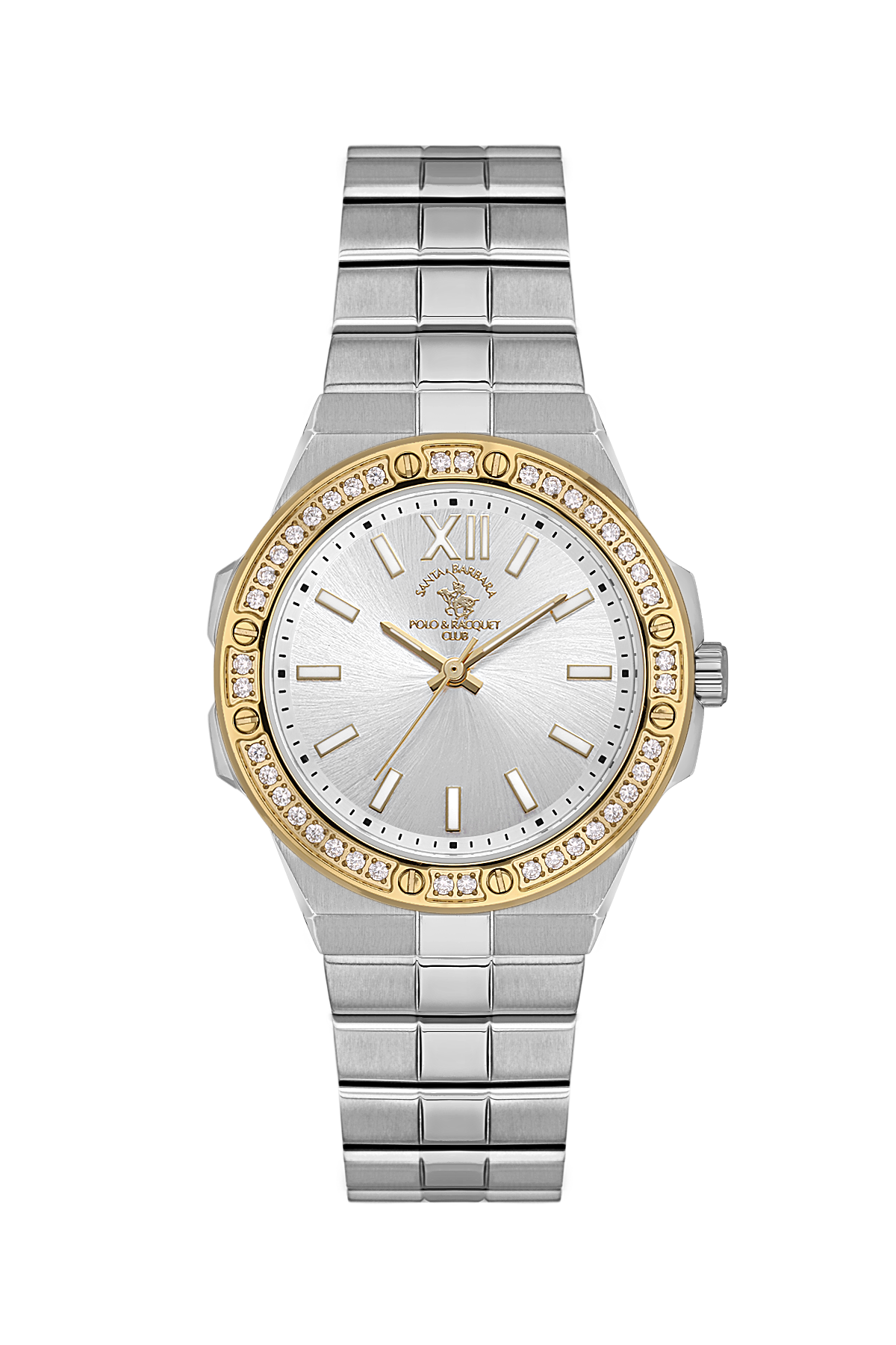 Silver and gold watch with a white face on a white background