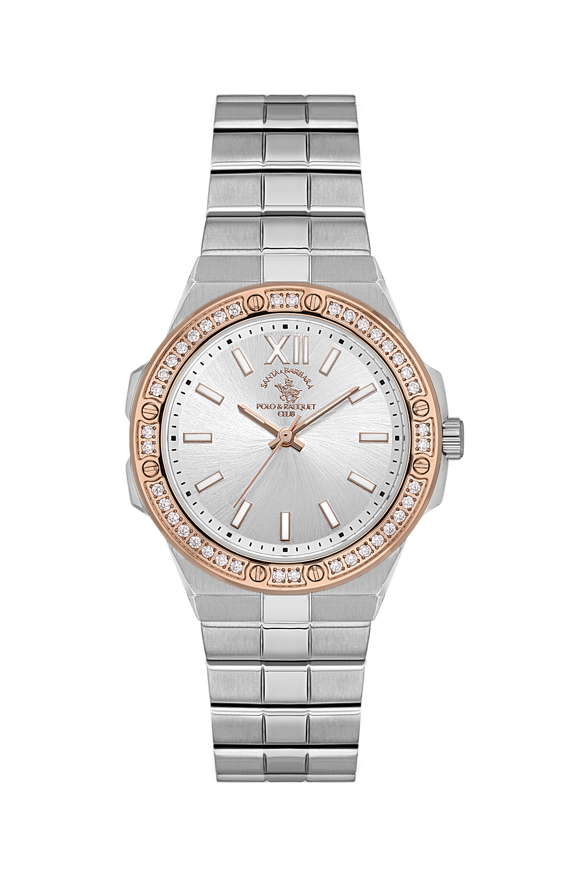 Silver and rose gold watch with diamond-studded bezel on a white background