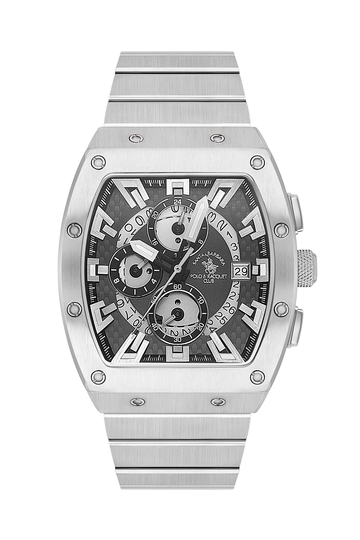 Silver watch with detailed face on a white background