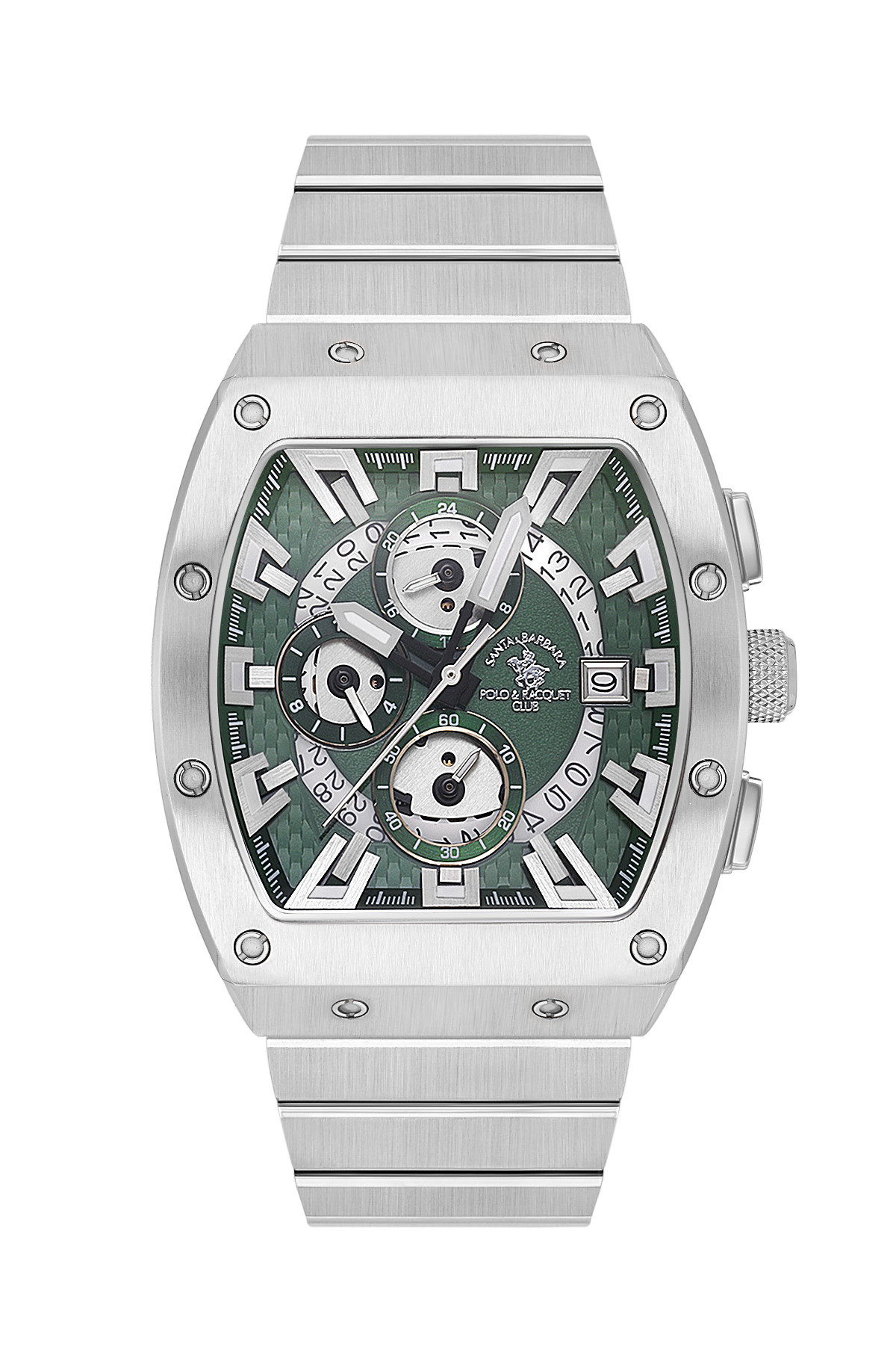 Silver watch with a green face on a white background