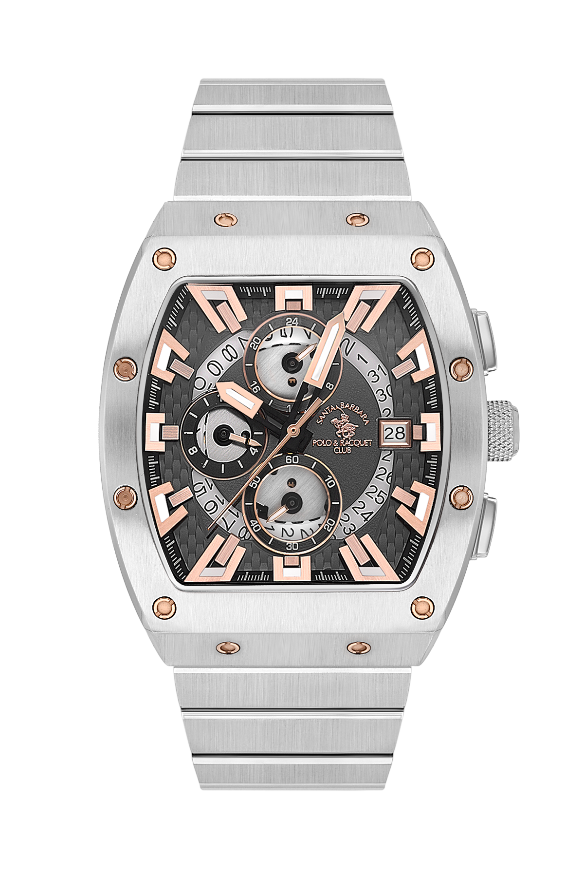 Luxury watch with silver and rose gold design on a white background