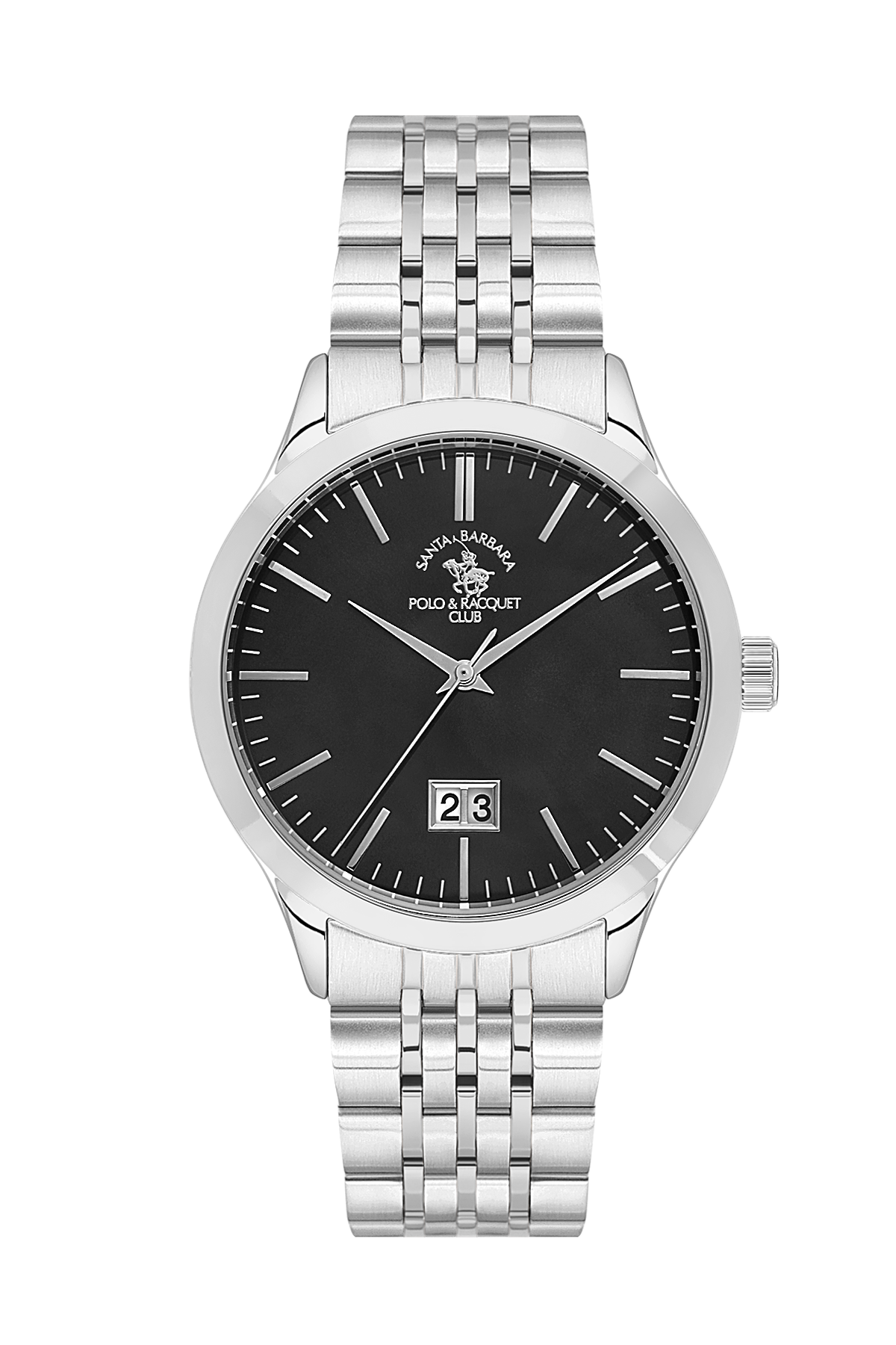 Silver watch with black dial on a white background