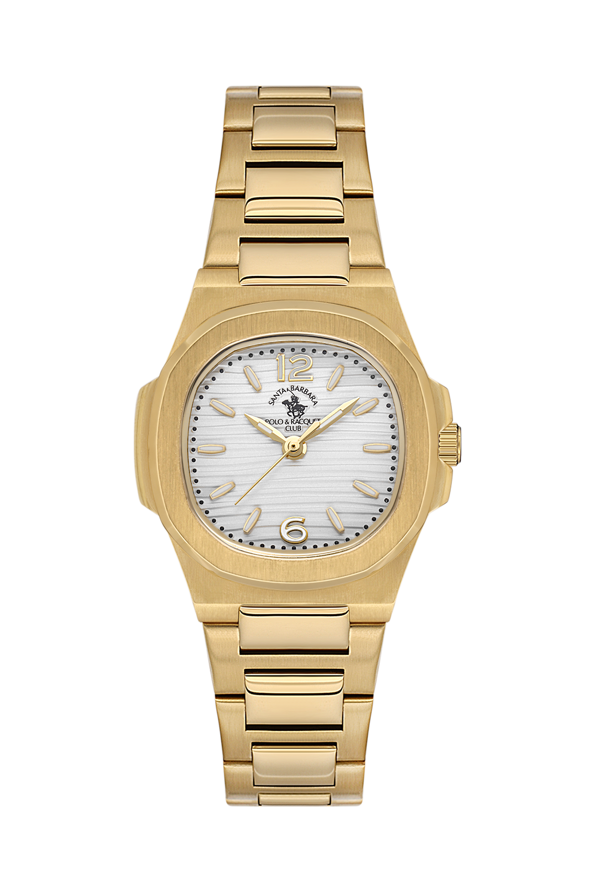 Gold wristwatch with a white face on a white background
