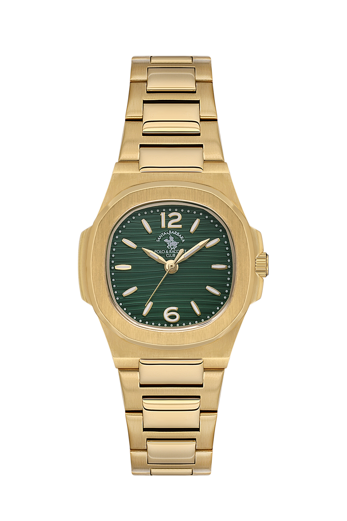 Gold watch with a green face on a white background