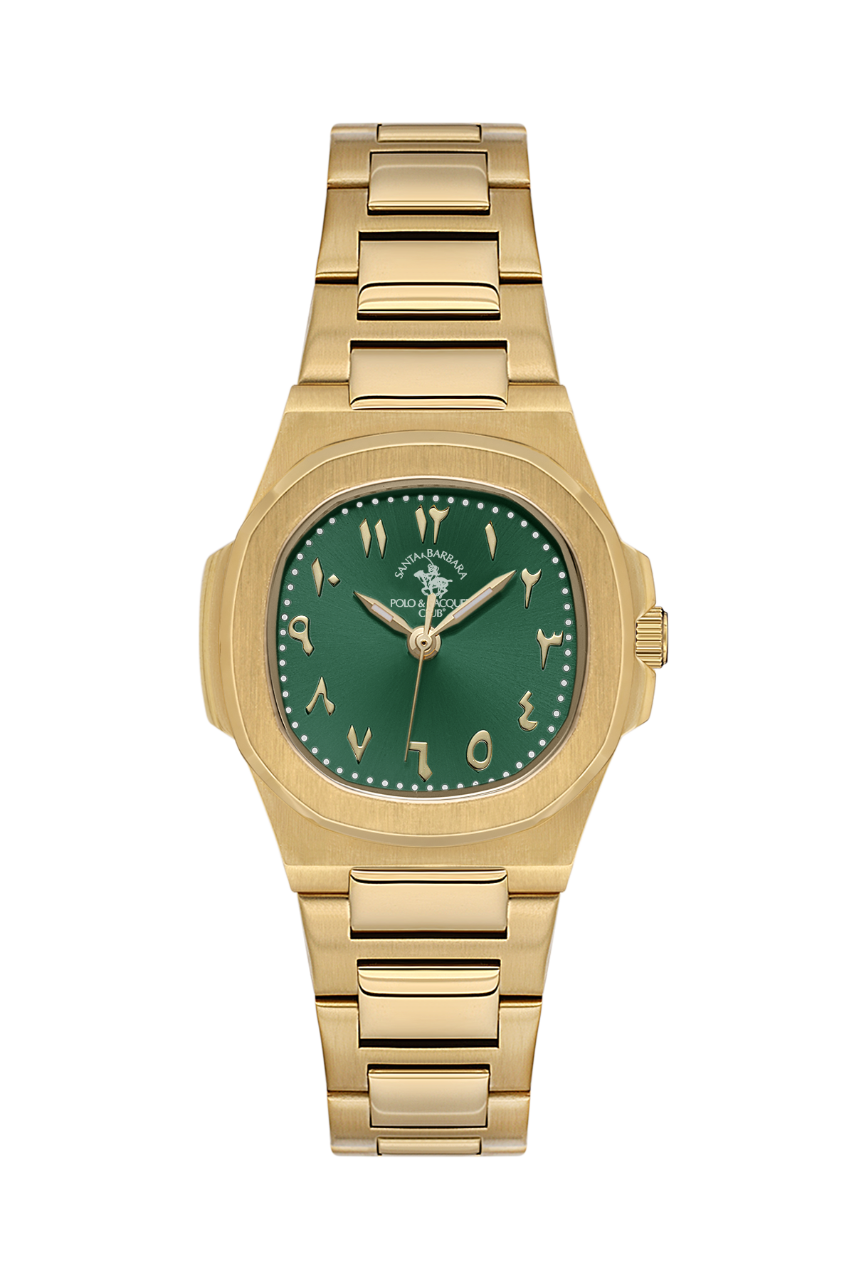 Gold watch with a green dial on a white background