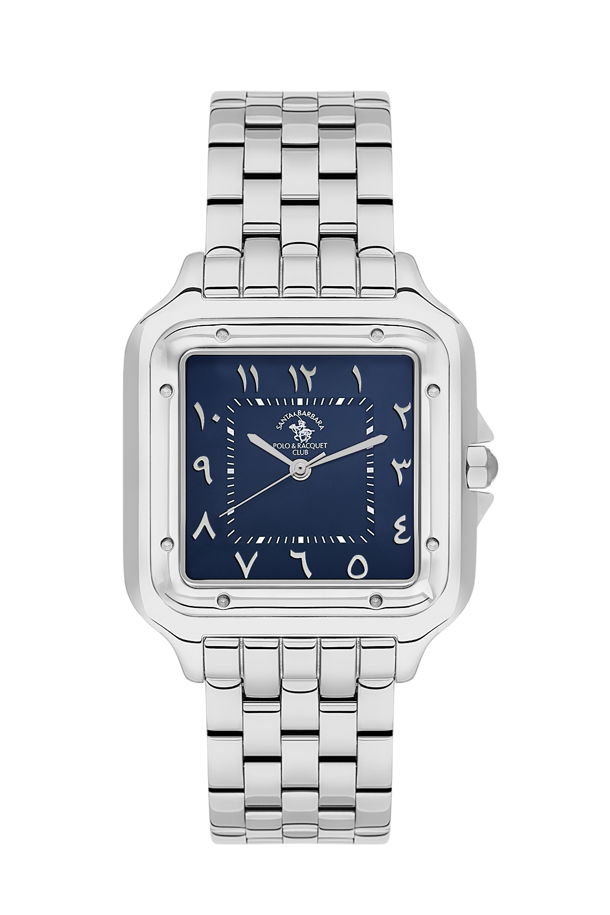 Silver watch with a blue face on a white background