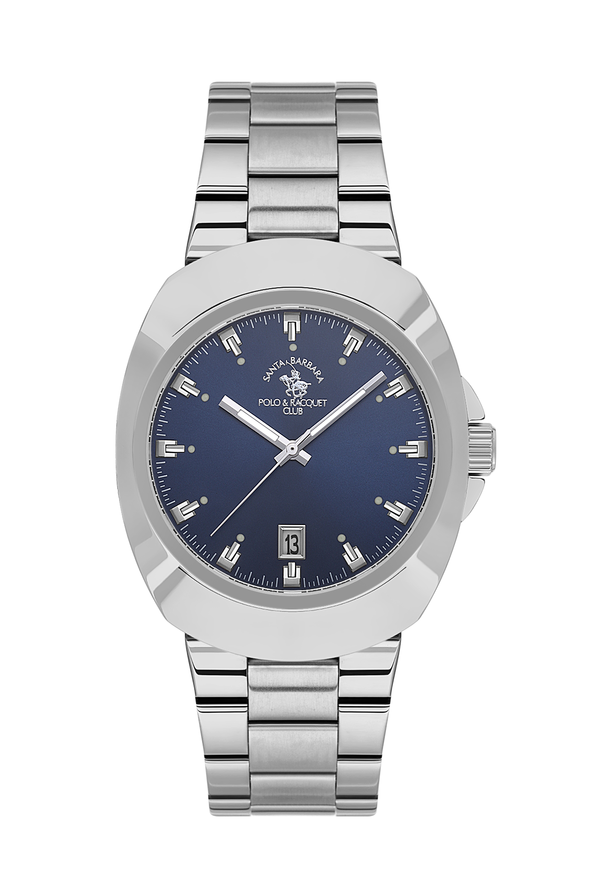 Silver watch with a blue dial on a white background