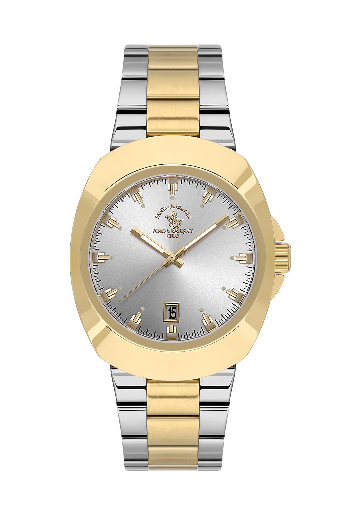 Two-tone gold and silver watch with a white face on a white background