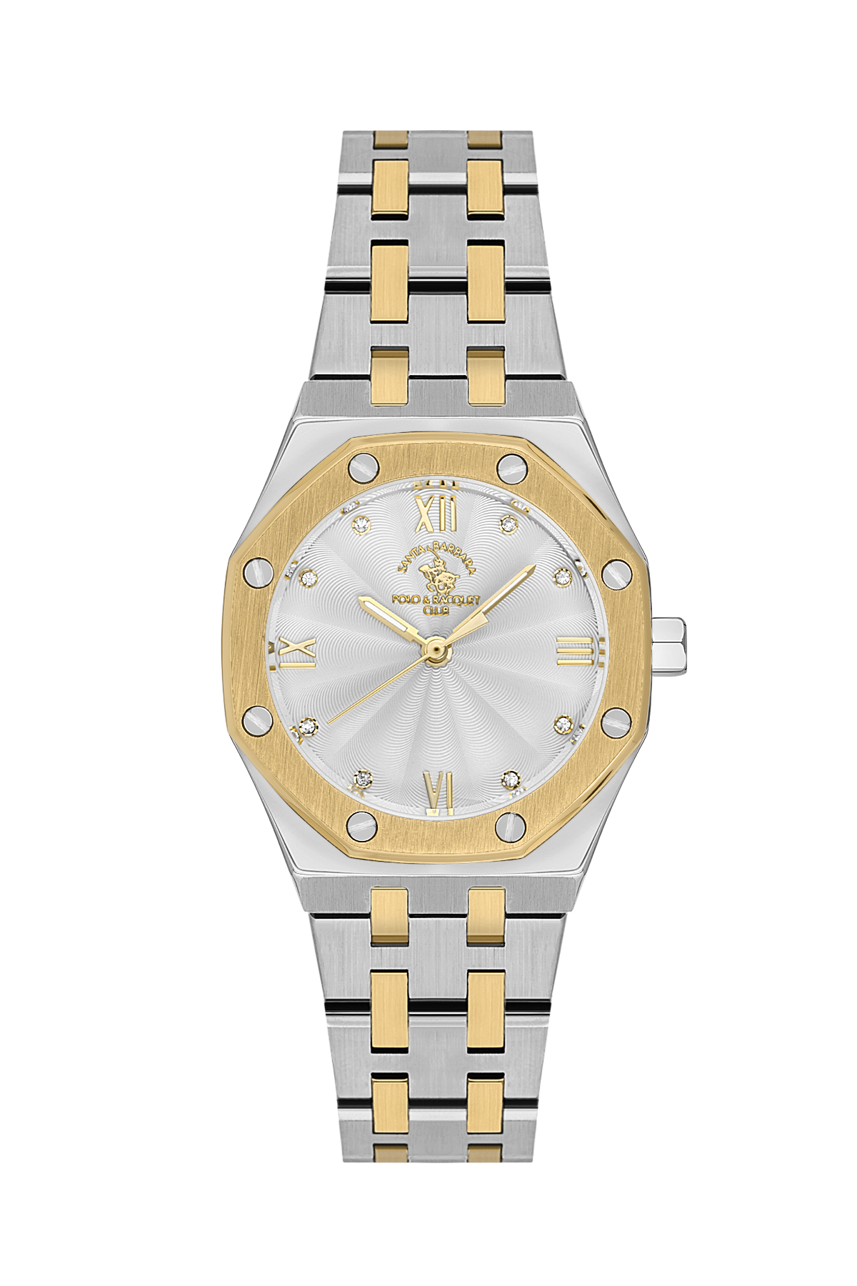 Two-tone watch with silver and gold band on a white background