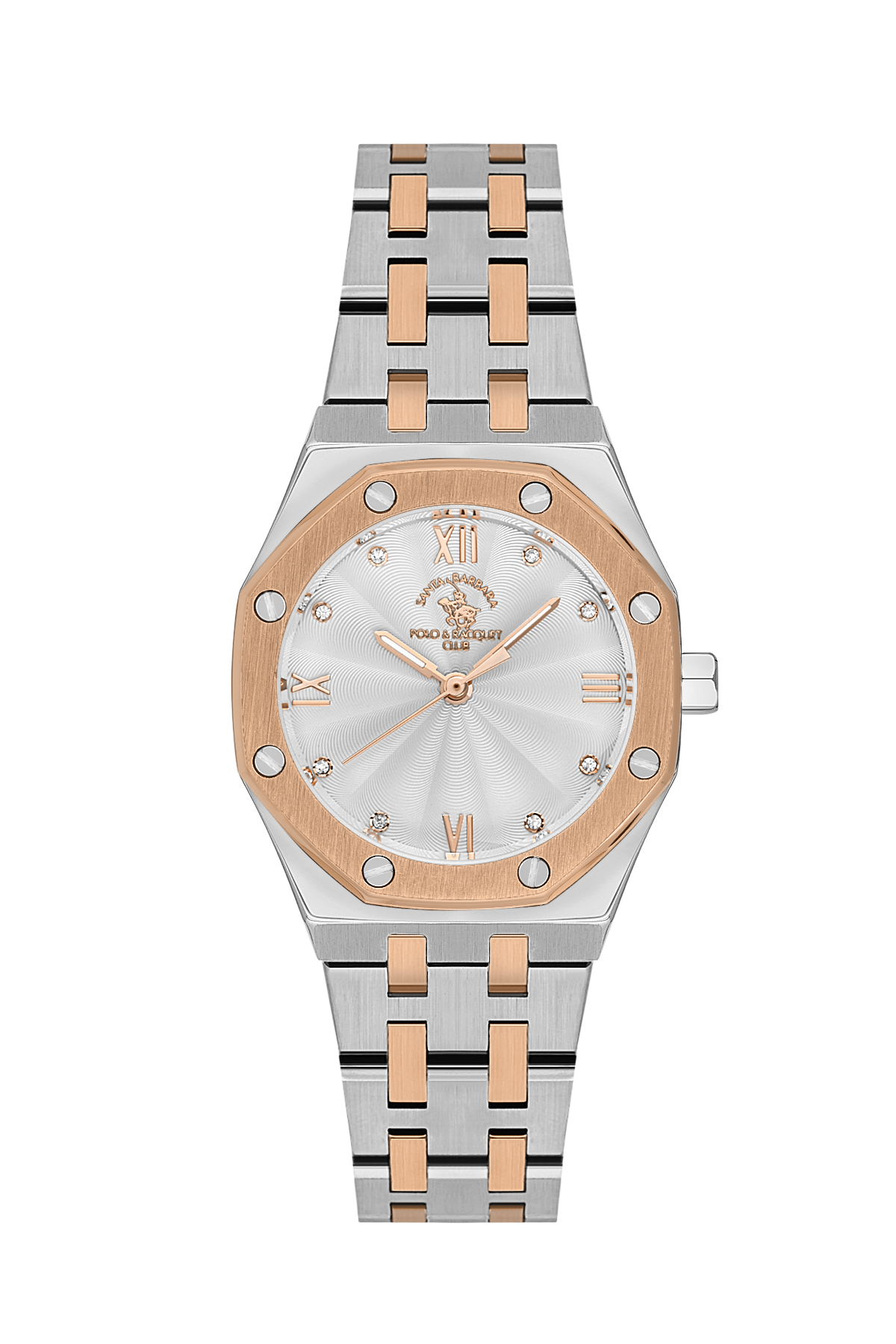 Two-tone watch with silver and rose gold band on a white background