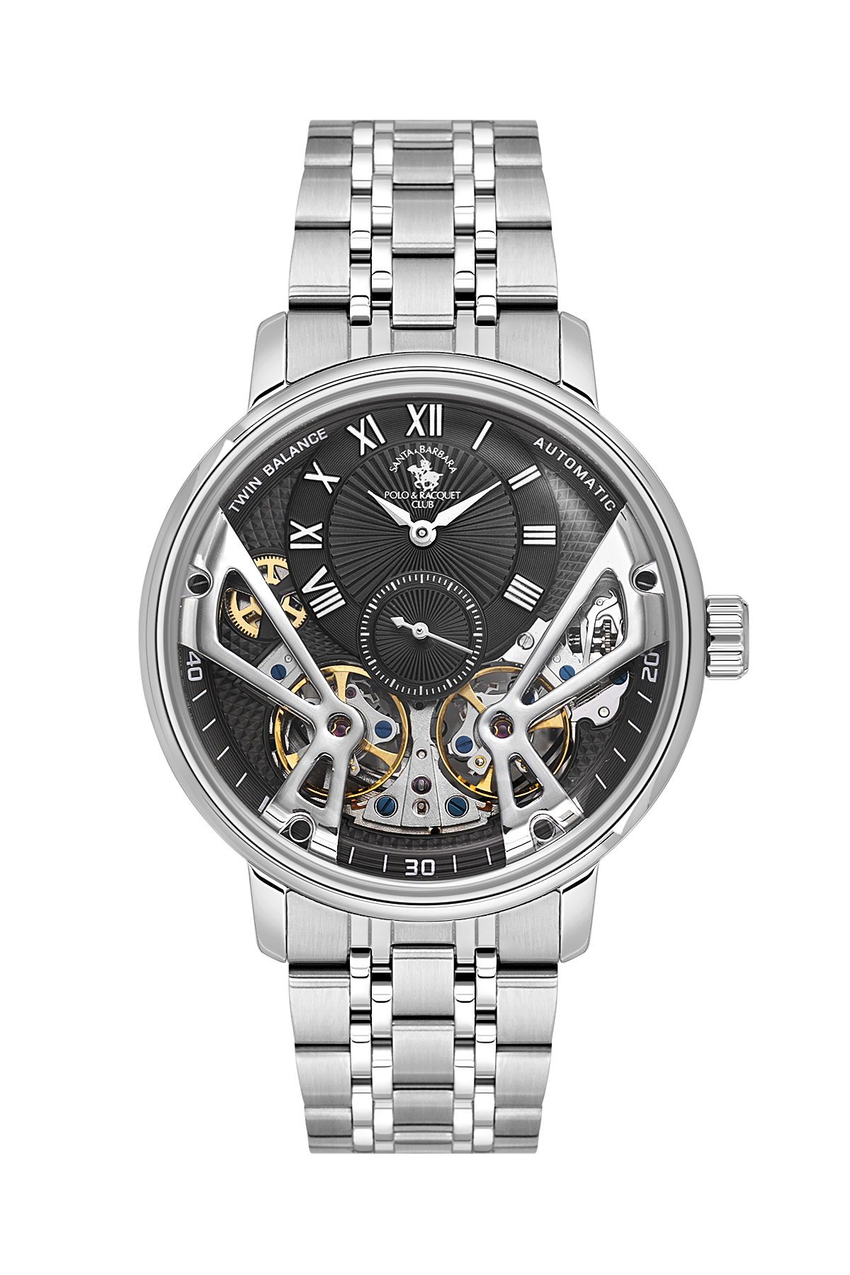 Silver watch with a black face on a white background
