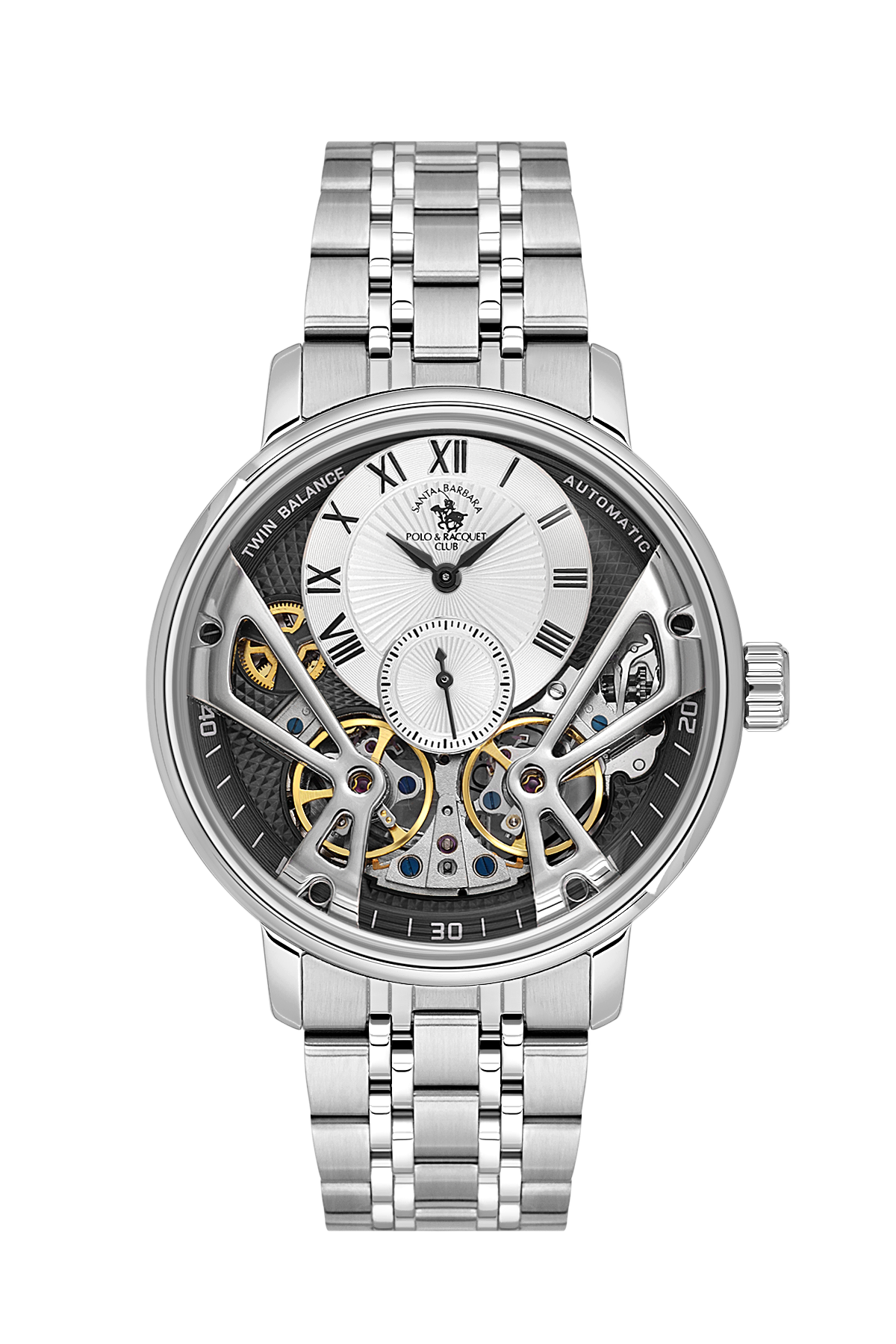 Silver wristwatch with detailed face on a white background