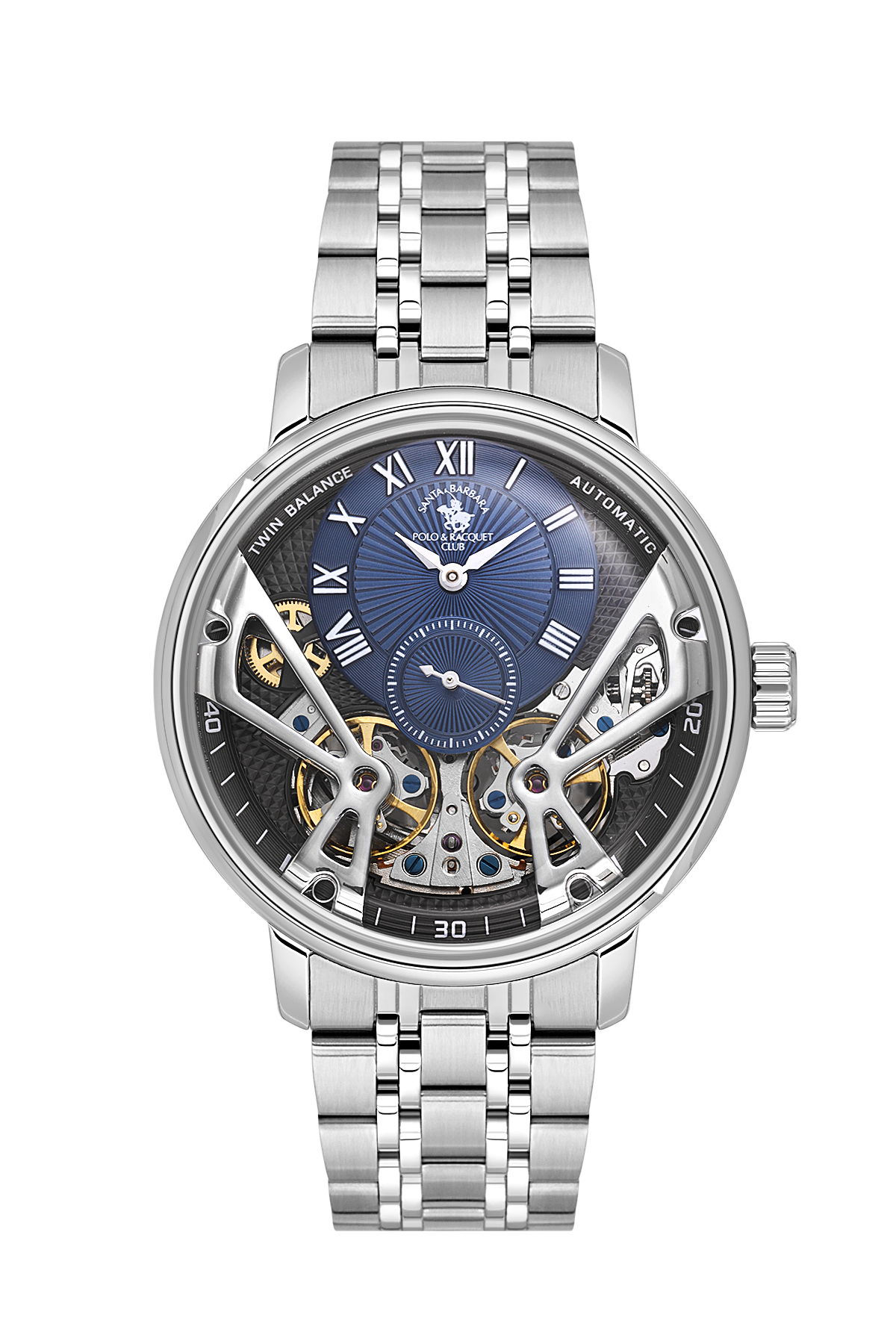 Silver watch with a blue face on a white background