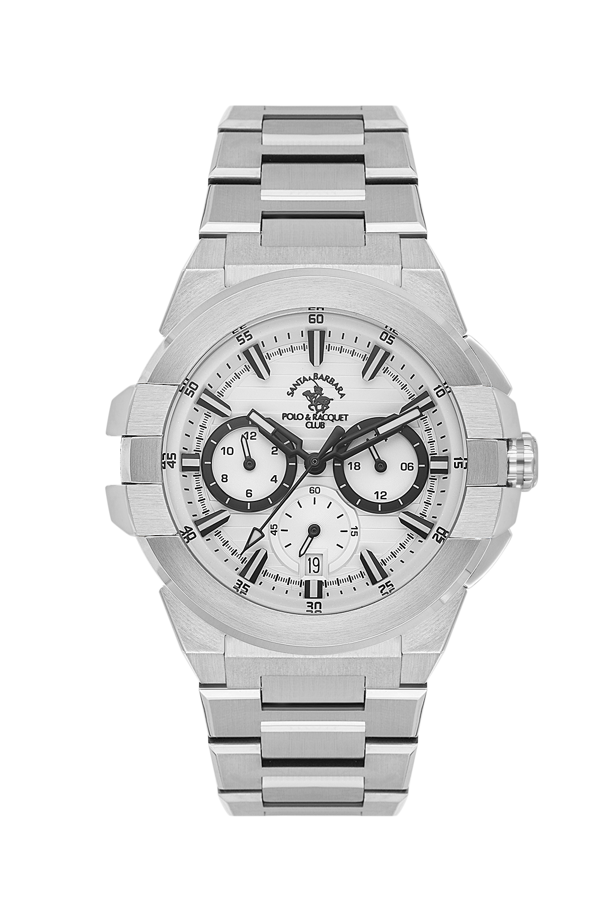 Silver watch with a white face on a white background