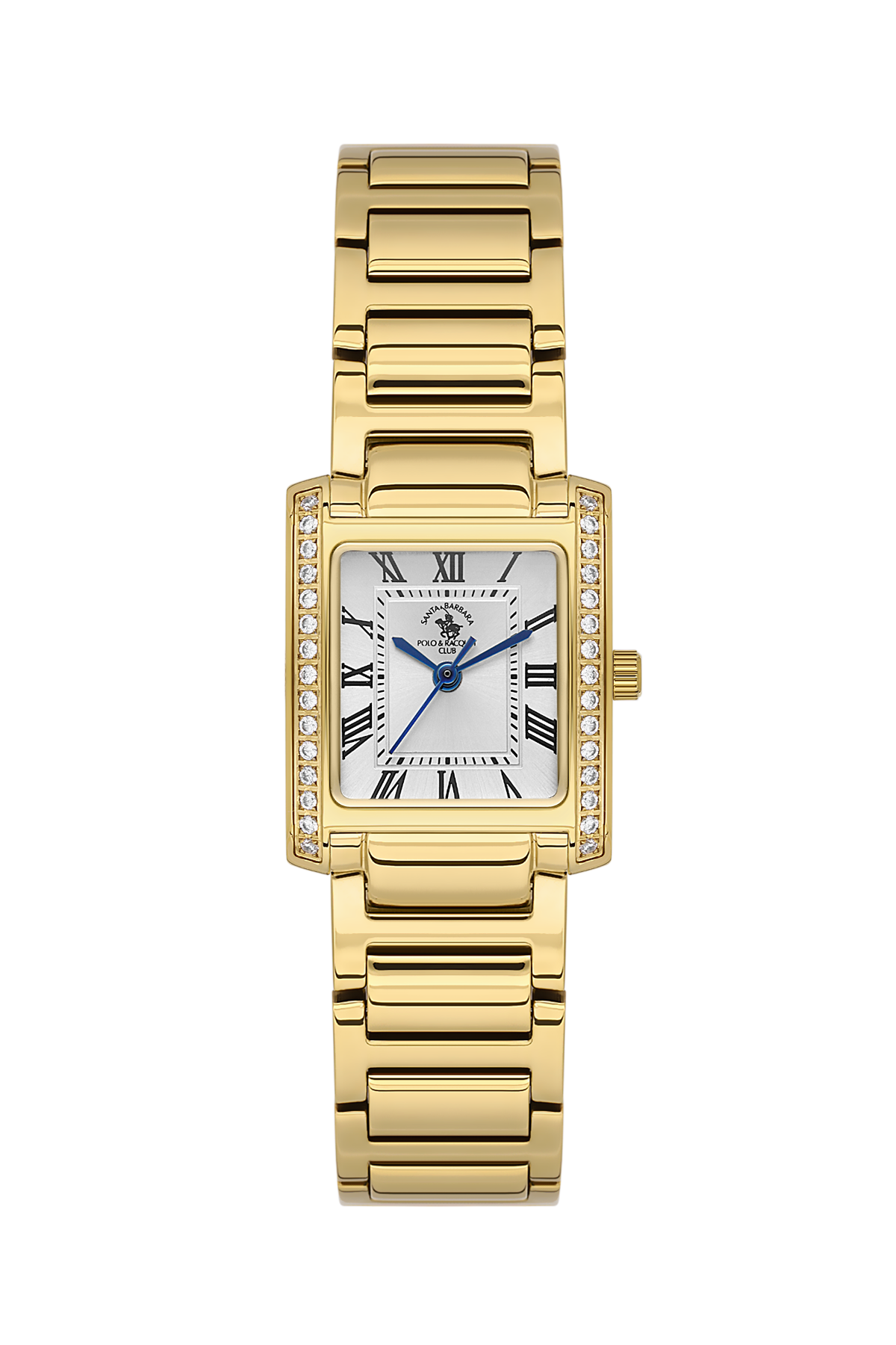 Gold wristwatch with a white face and blue accents on a white background