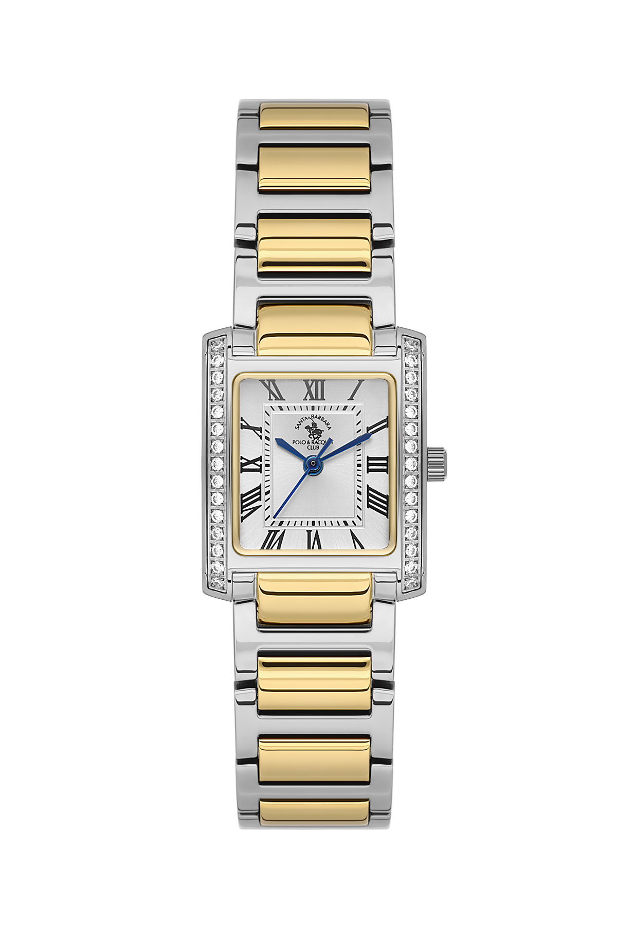 Two-tone watch with gold and silver band on a white background