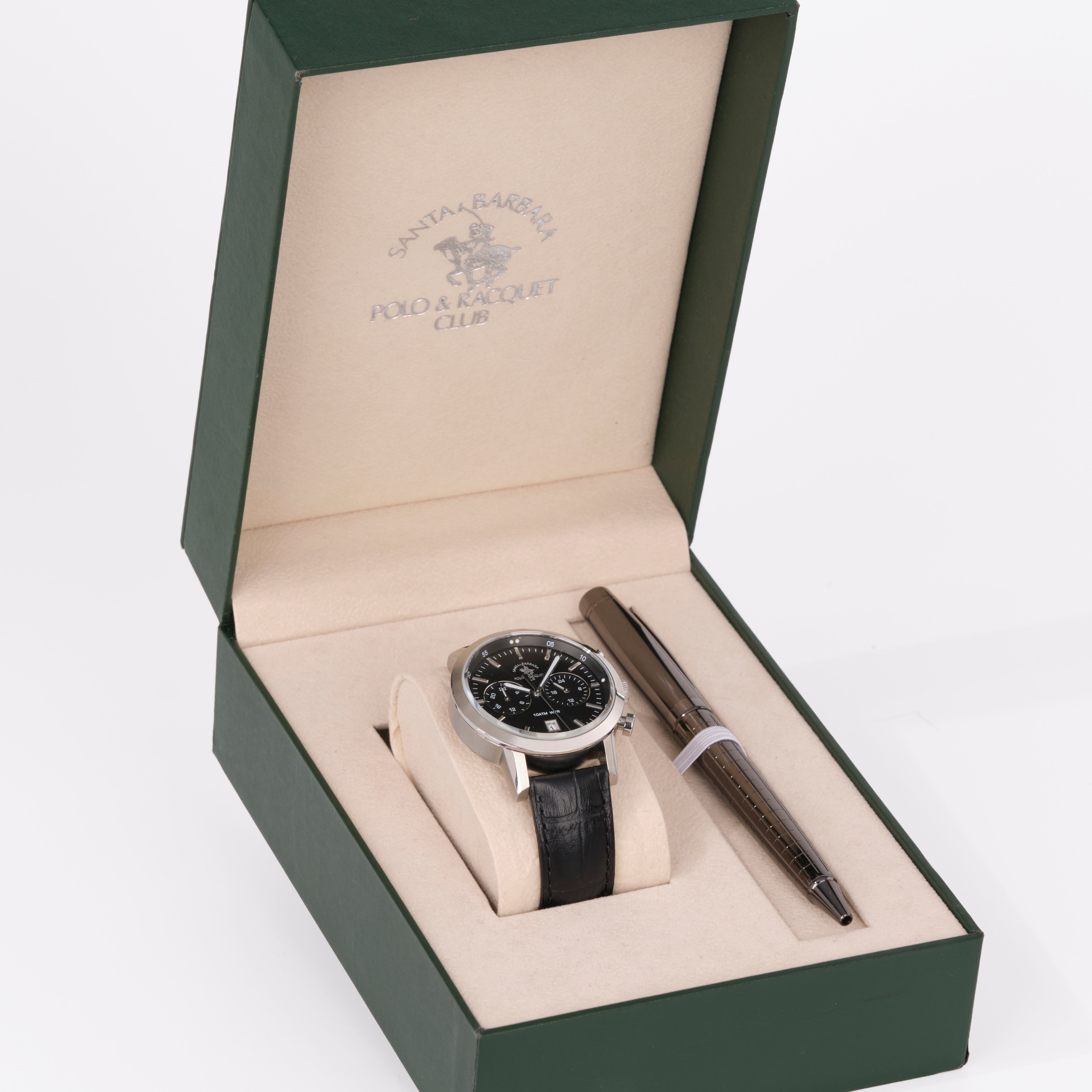 Watch and pen set in a branded box on a white background
