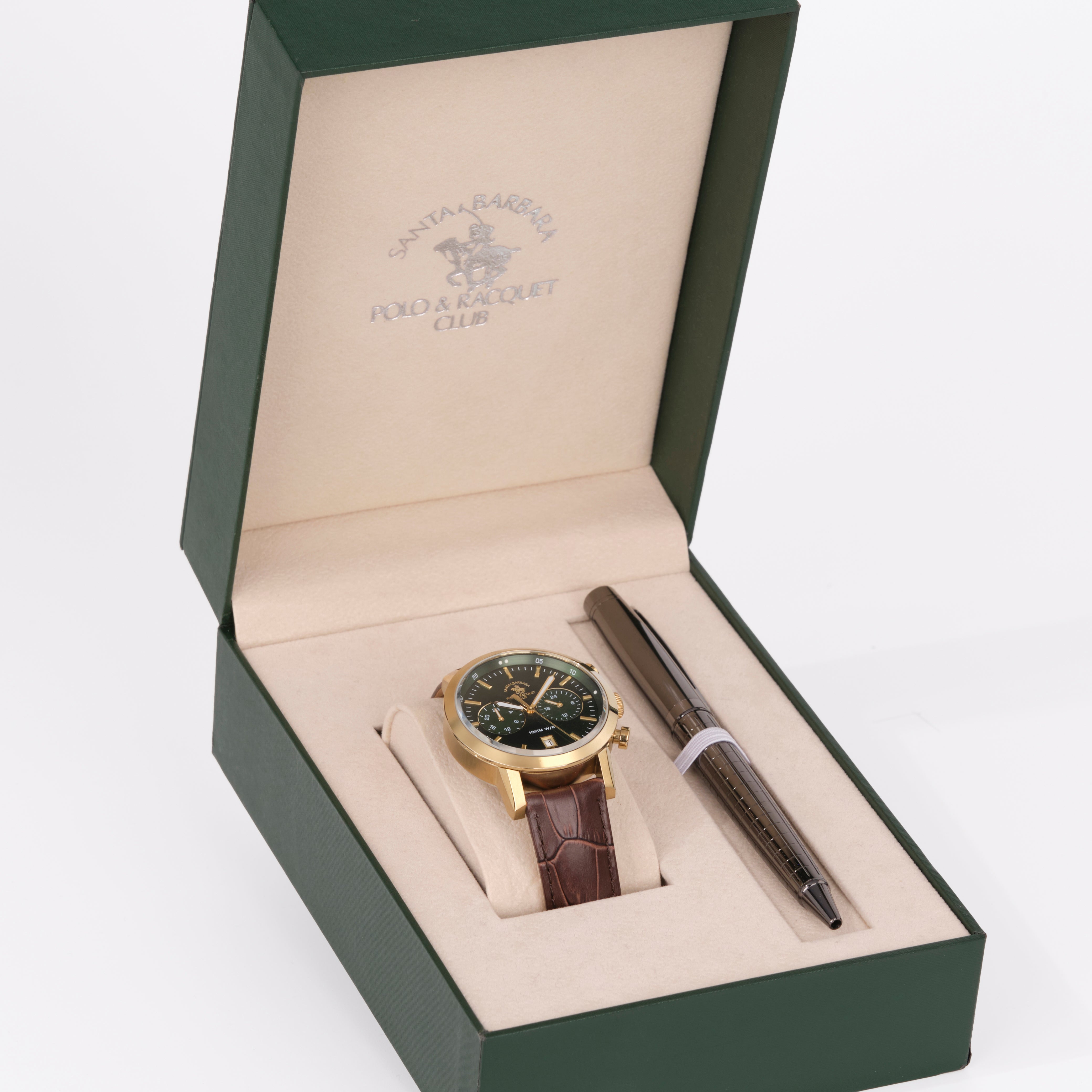 Watch and pen set in a branded box on a white background
