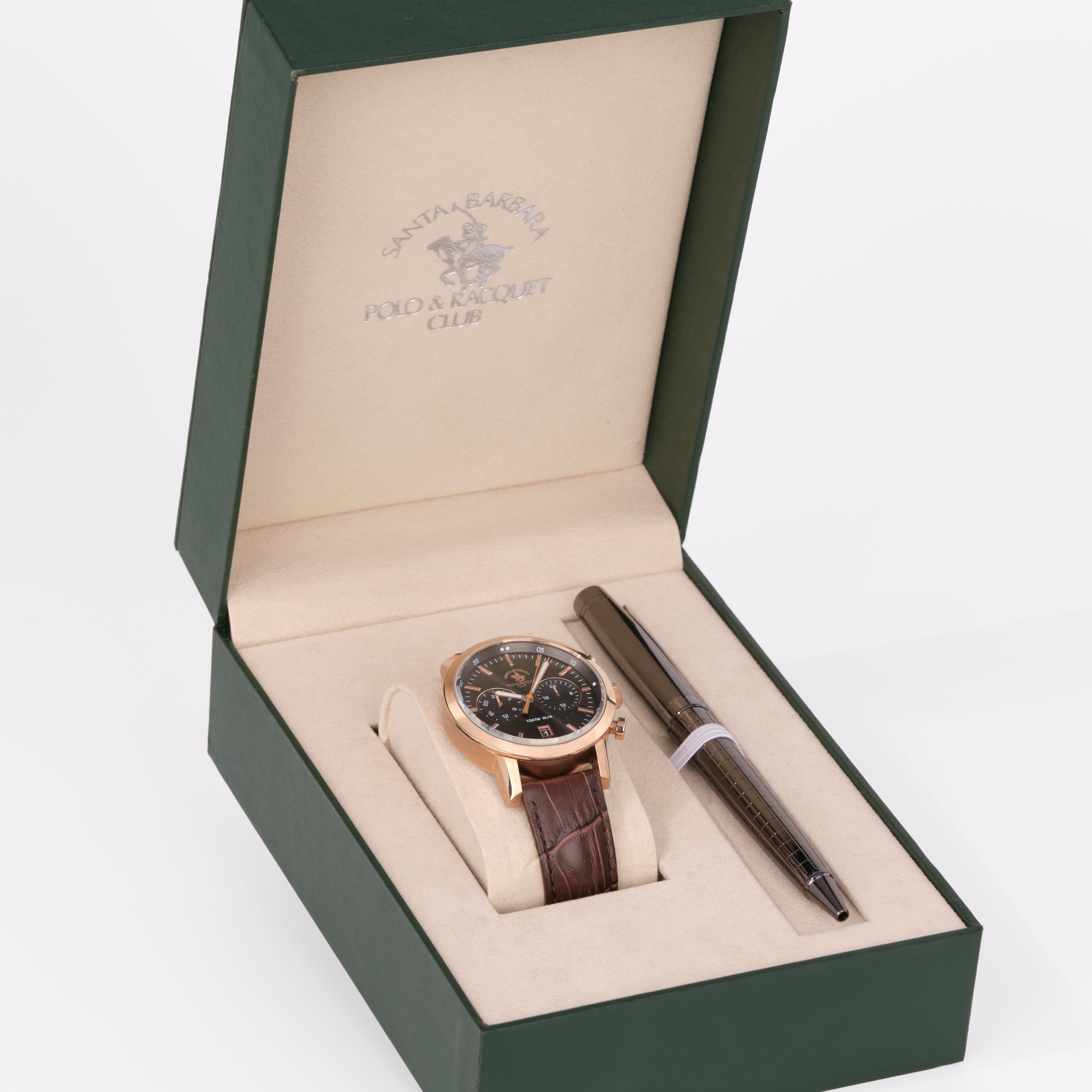 Watch and pen set in a branded box on a white background
