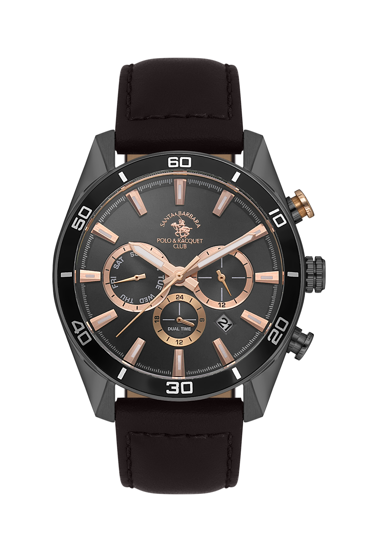 Polo Ralph Lauren watch with black strap and rose gold accents on a white background