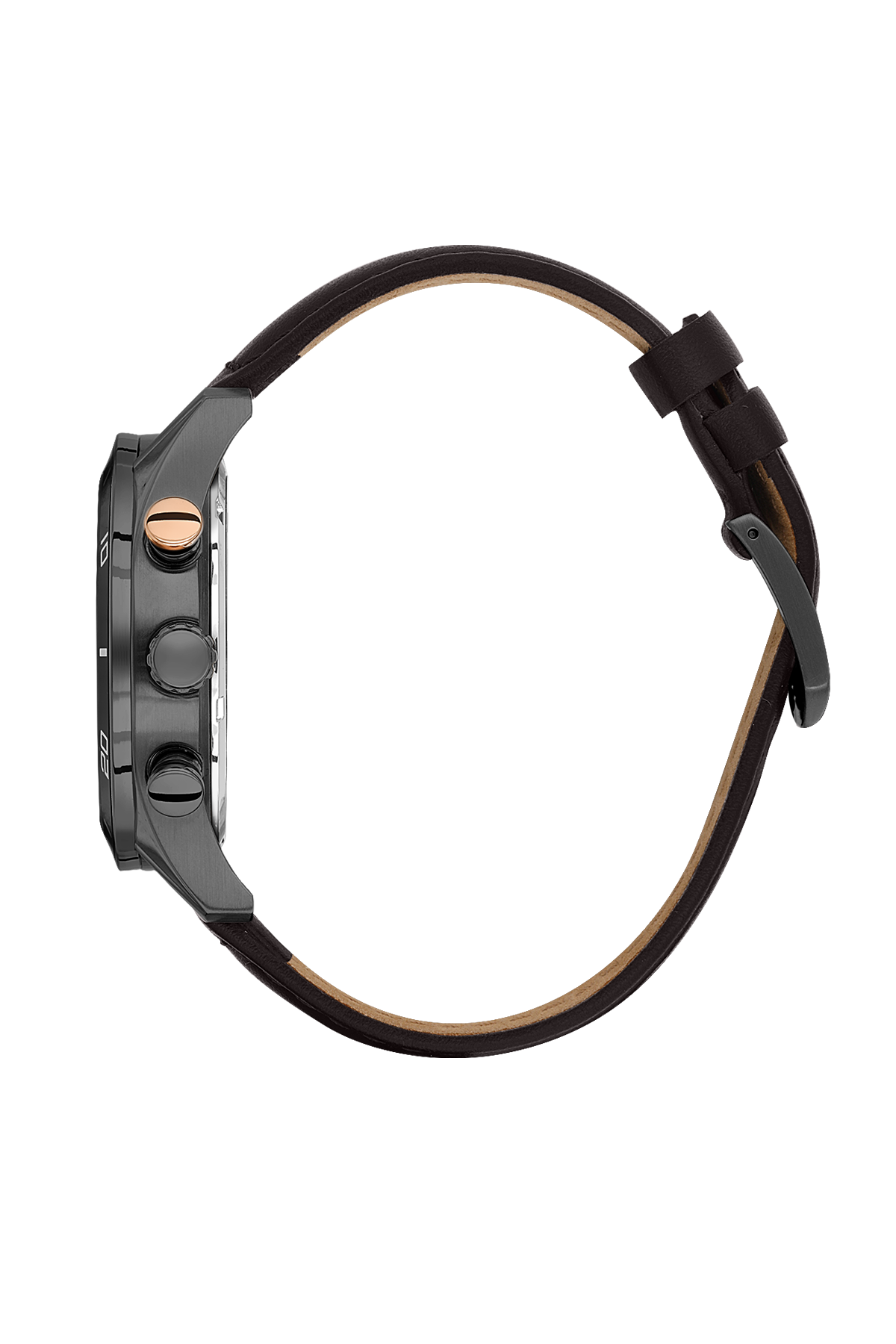 Black watch with a brown strap on a white background