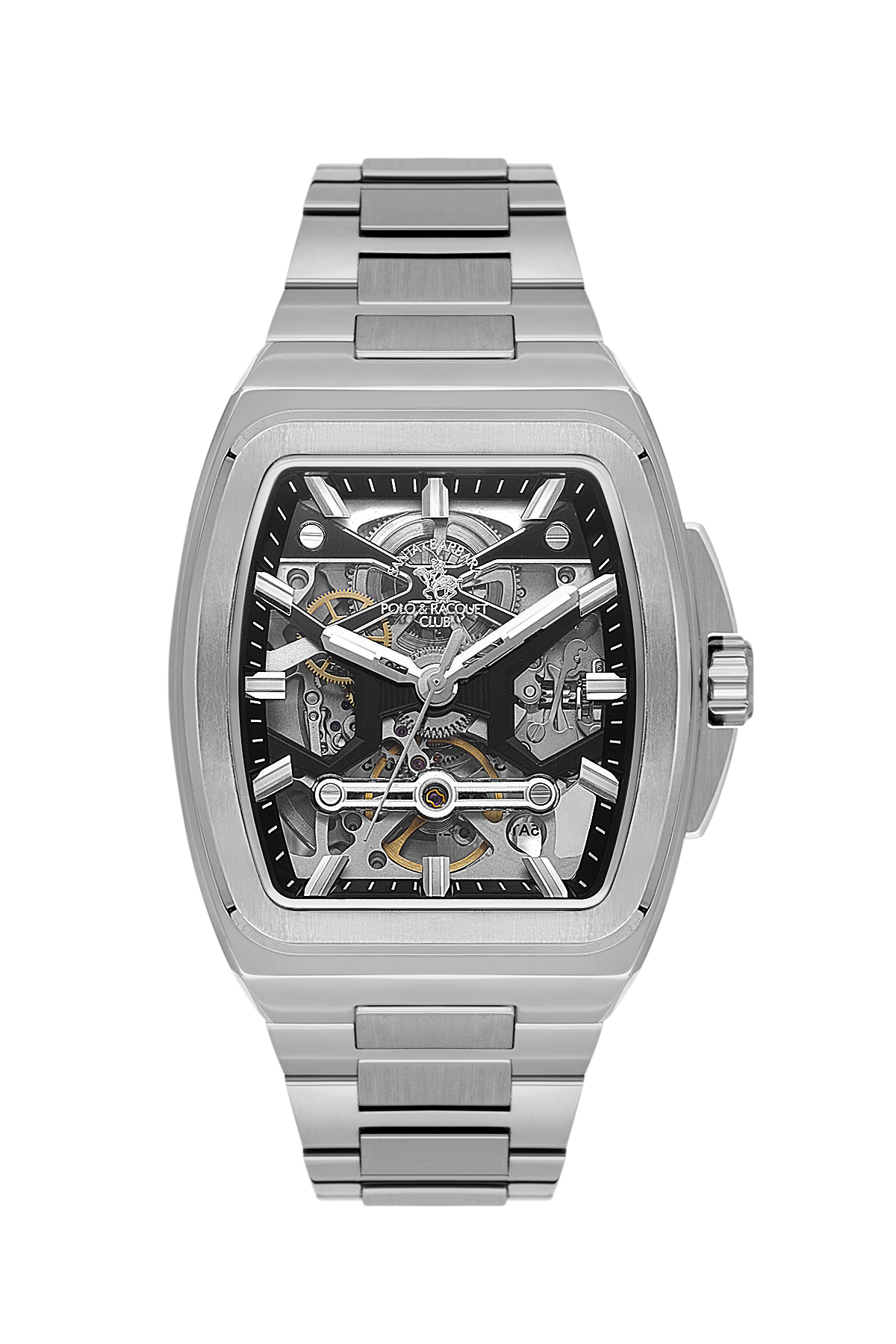 Silver watch with a detailed face on a white background