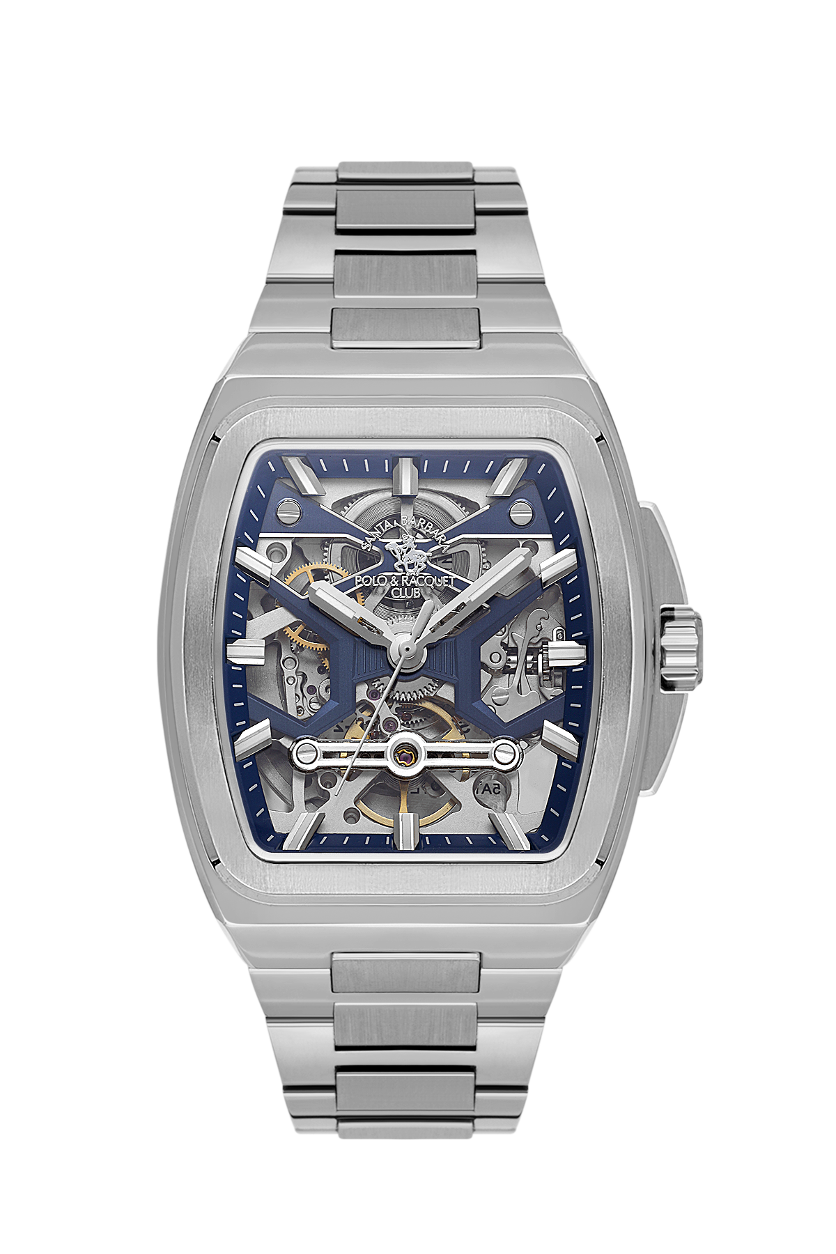 Silver watch with a blue face on a white background